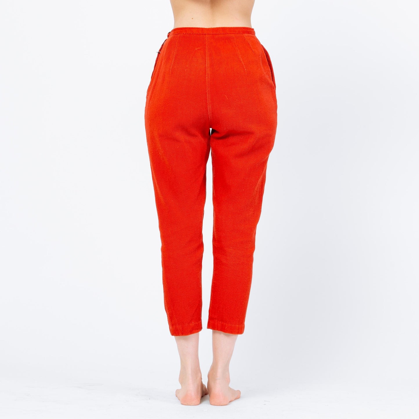 Vintage 50s Orange Twill Side Zip Cigarette Pants - Petite Small, 25.5" Waist | Retro 1950s Tapered Leg High Waisted Pedal Pusher Trousers