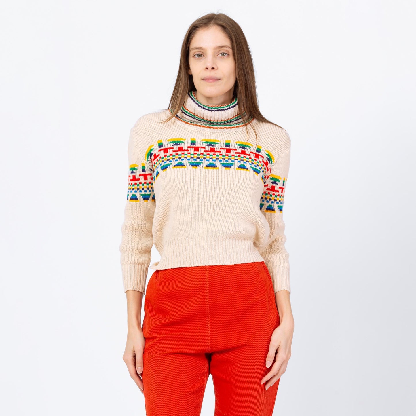 Vintage 70s Southwestern Striped Turtleneck Crop Top Sweater - Extra Small | Soft Cream Knit Cropped Pullover