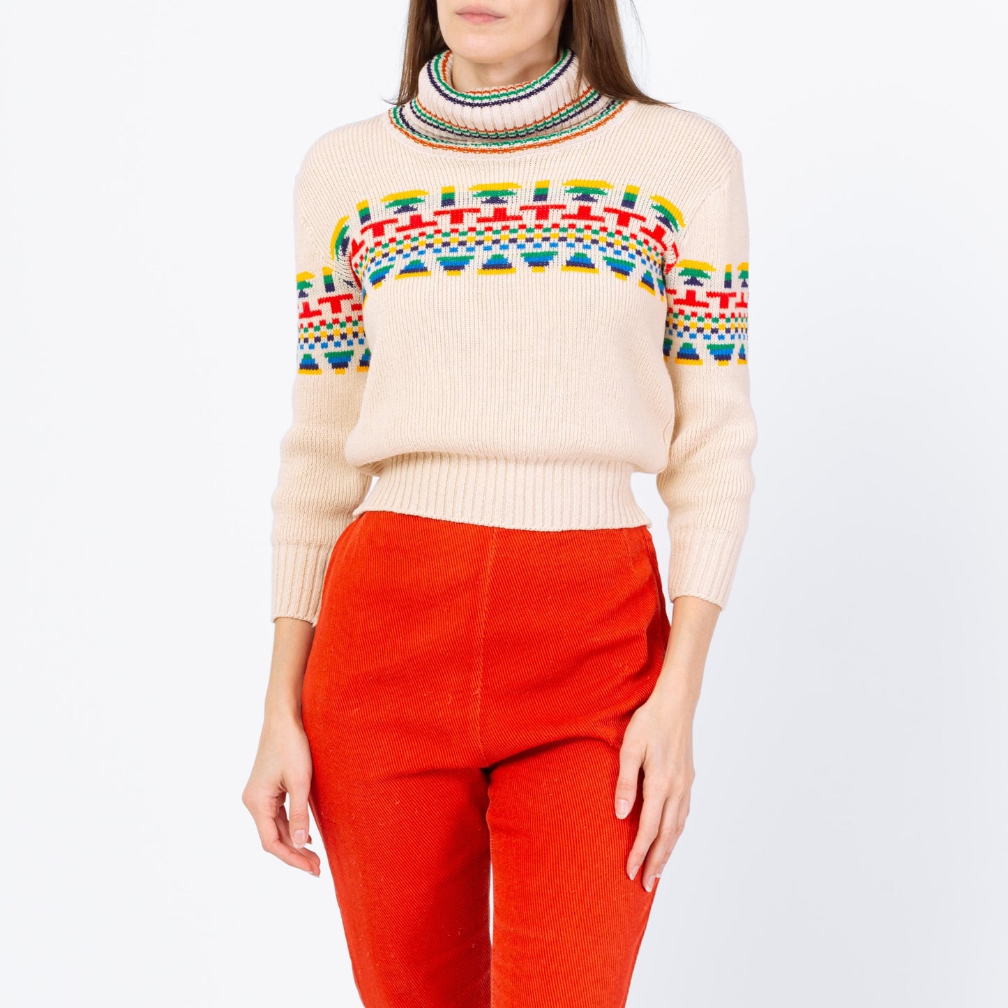 Vintage 70s Southwestern Striped Turtleneck Crop Top Sweater - Extra Small | Soft Cream Knit Cropped Pullover