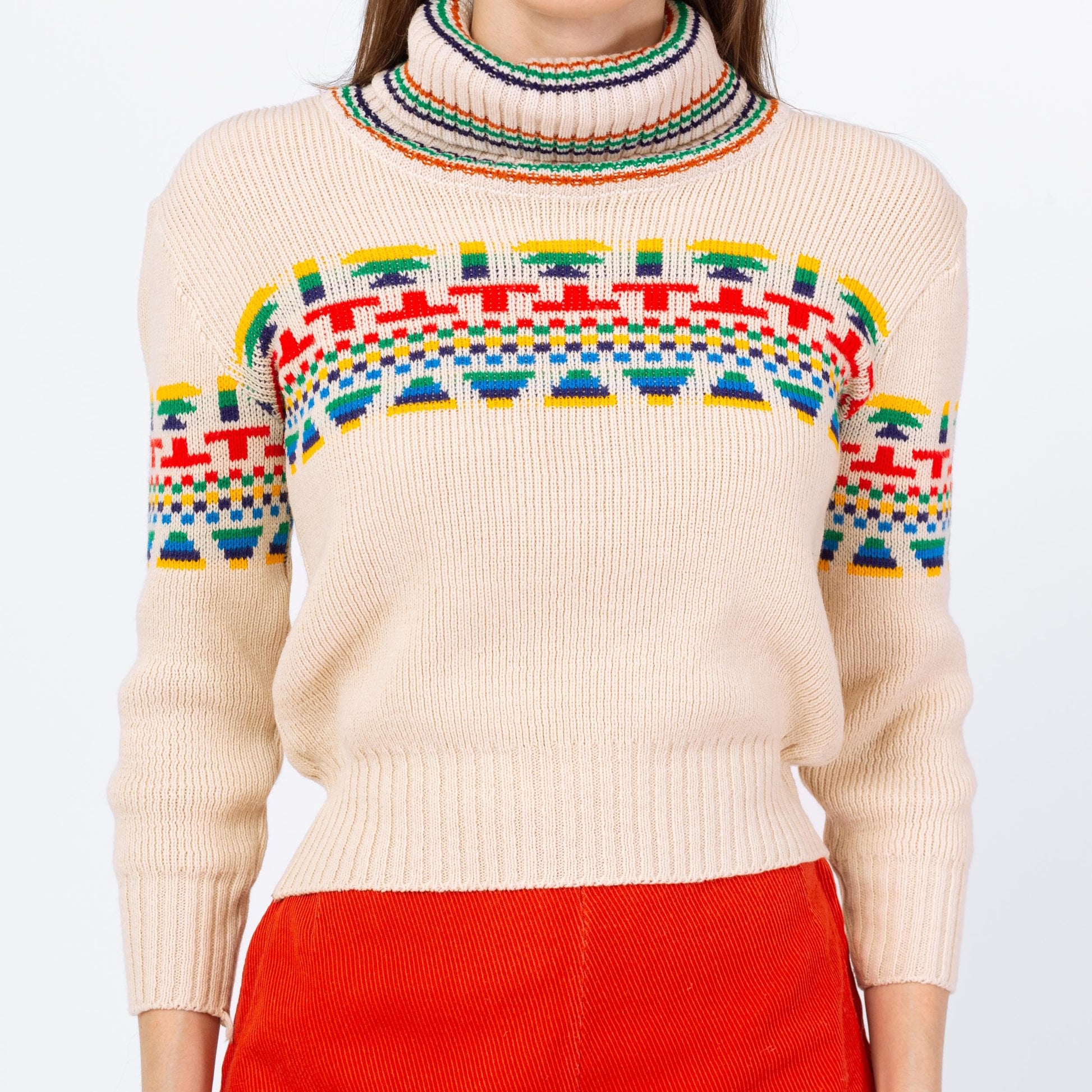 Vintage 70s Southwestern Striped Turtleneck Crop Top Sweater - Extra Small | Soft Cream Knit Cropped Pullover