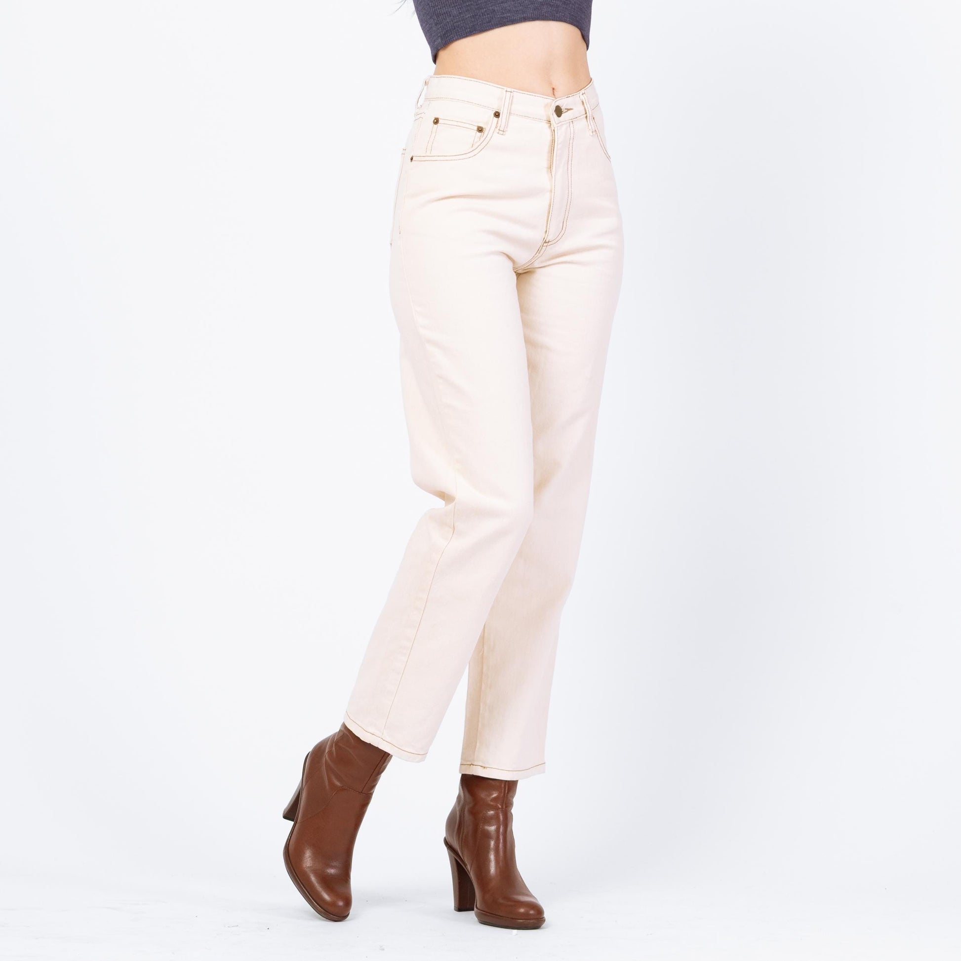 Vintage 90s Ecru High Waisted Jeans - Small, 26" Waist | Contempo Casuals Cream Off-White Straight Leg Denim Mom Jeans