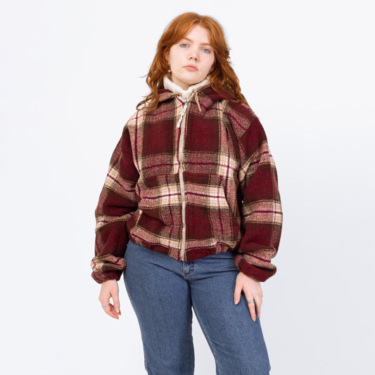 Vintage 90s Red Plaid Hooded Blanket Coat - Large | Western Zip Up Cropped Hoodie Baja Jacket
