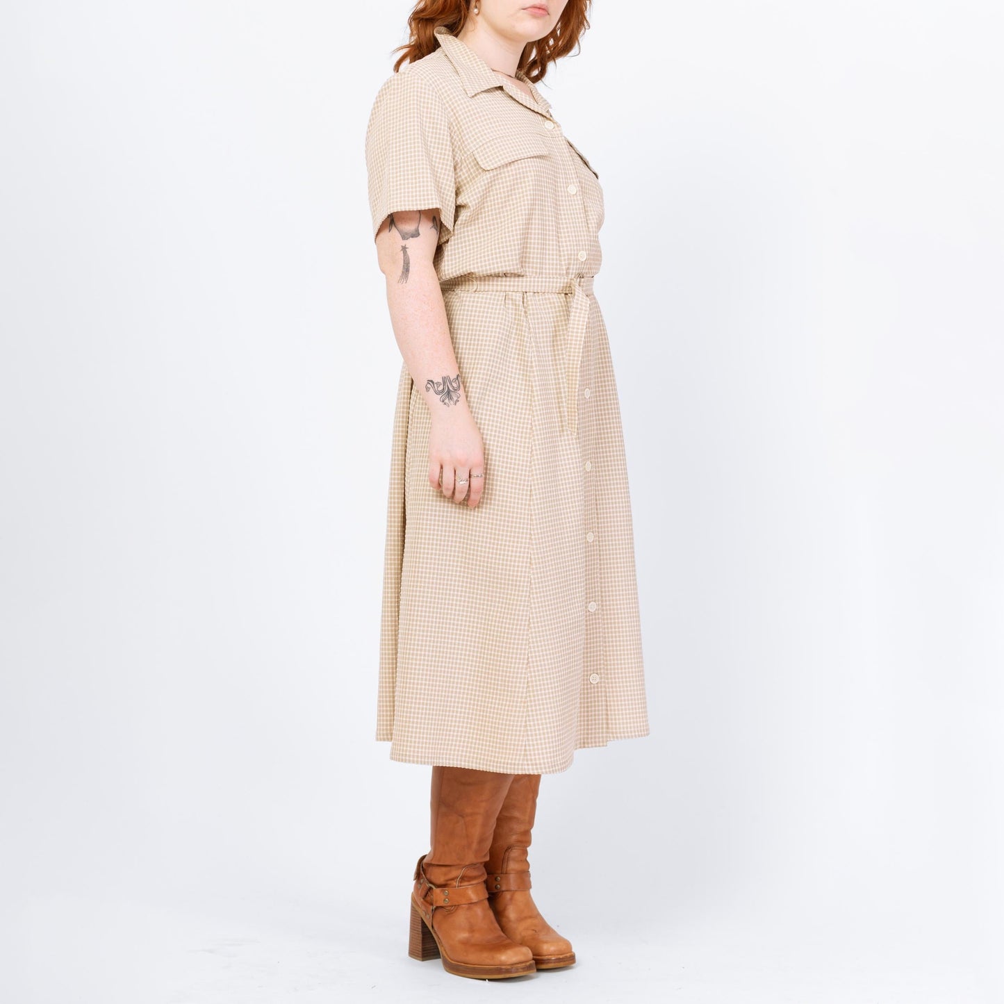 Vintage 90s Taupe Gingham Seersucker Belted Midi Shirtdress - Extra Large | Lightweight Button Up Collared Short Sleeve Dress