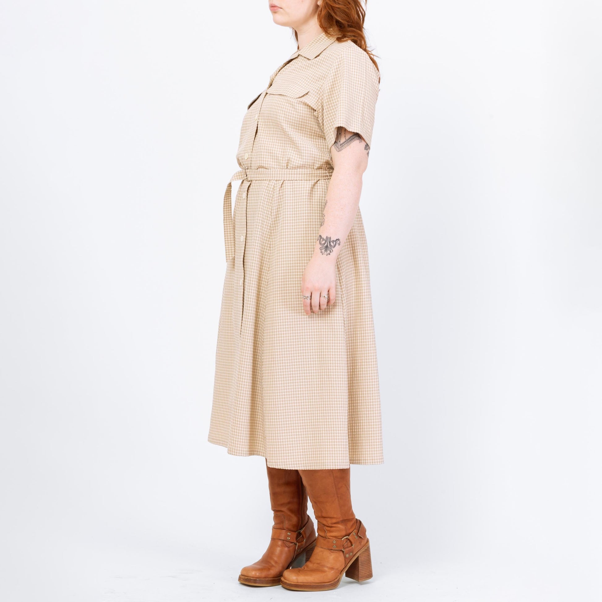 Vintage 90s Taupe Gingham Seersucker Belted Midi Shirtdress - Extra Large | Lightweight Button Up Collared Short Sleeve Dress