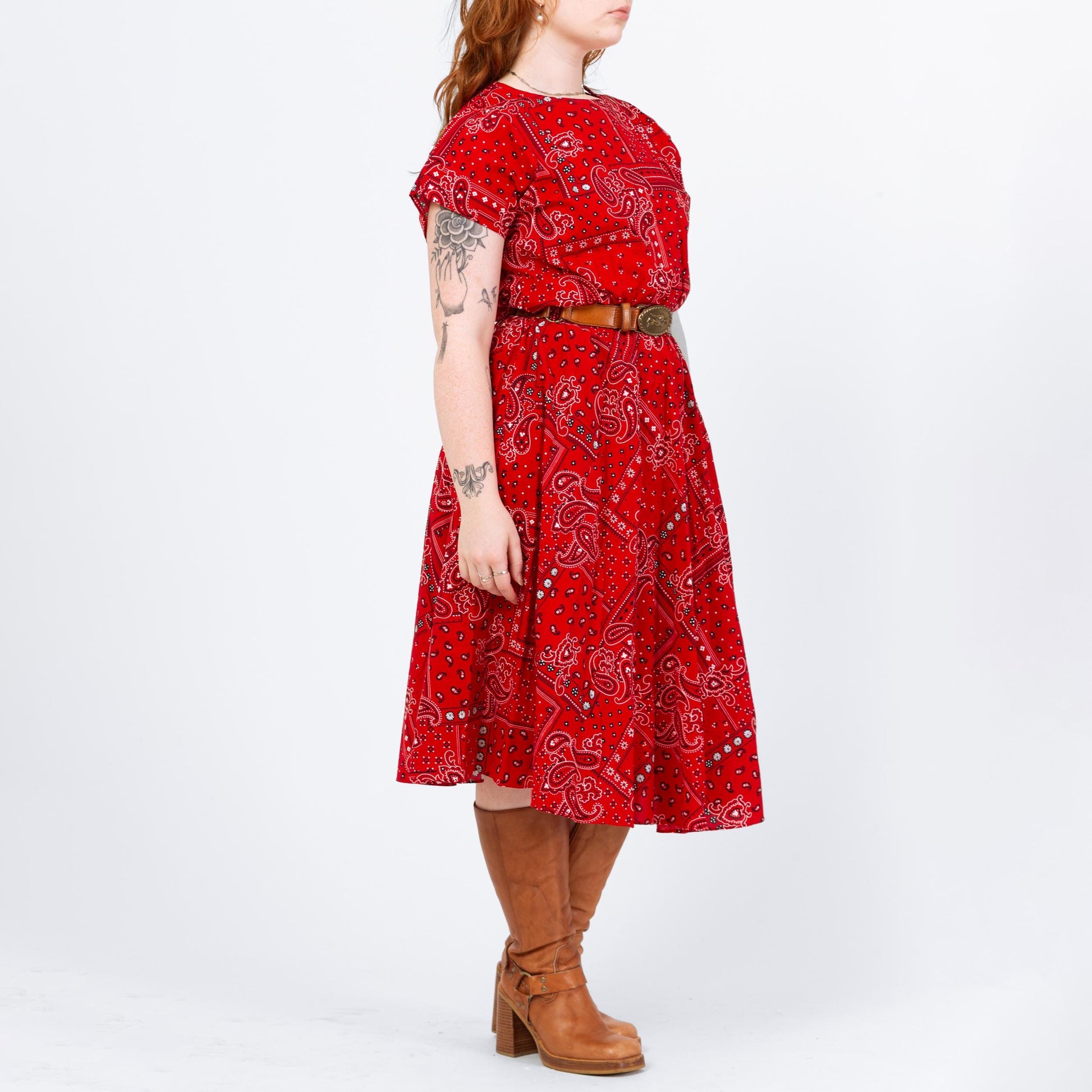 Vintage 80s Red Bandana Print Square Dance Dress - Large | Western Short Sleeve Fit Flare Midi Shirtdress