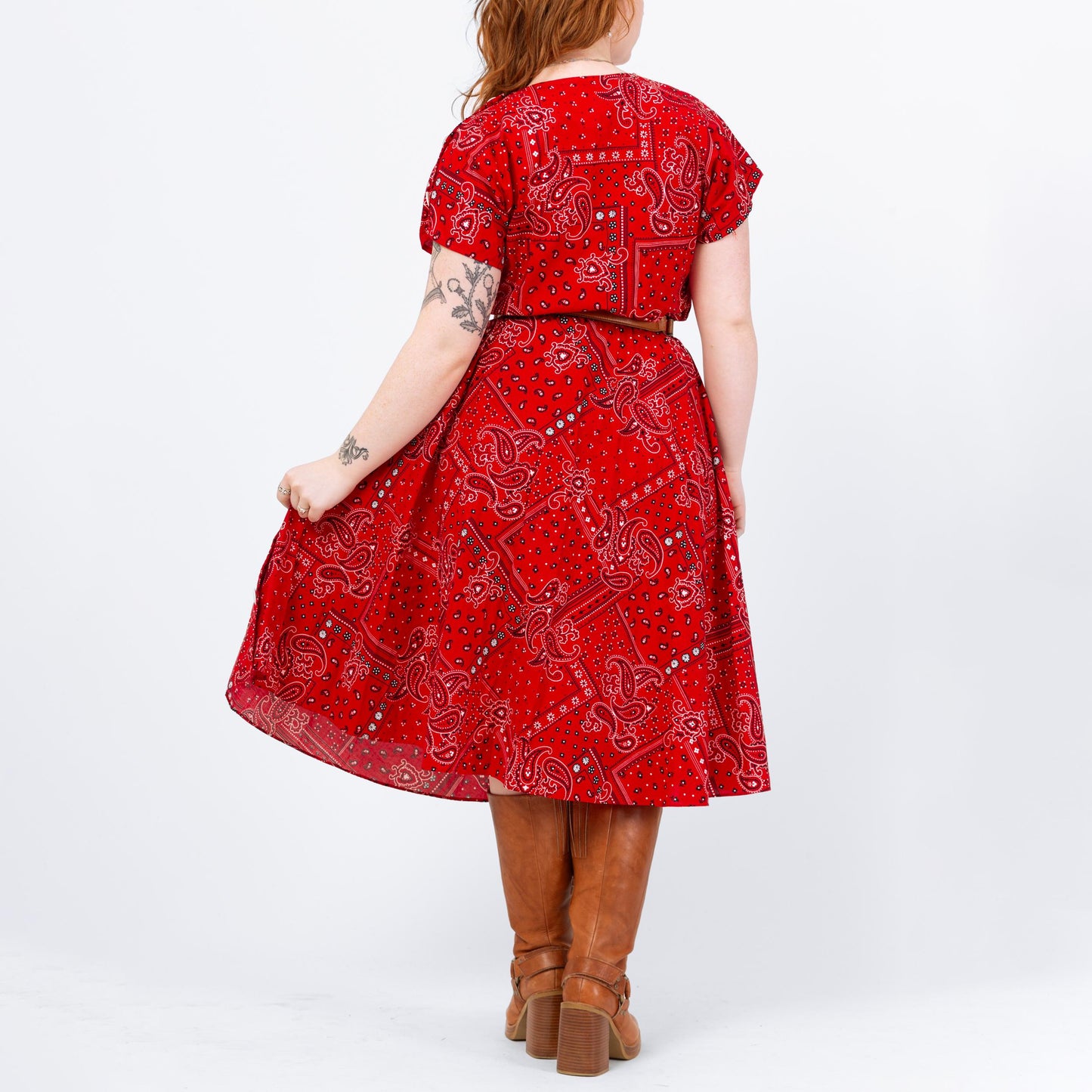 Vintage 80s Red Bandana Print Square Dance Dress - Large | Western Short Sleeve Fit Flare Midi Shirtdress