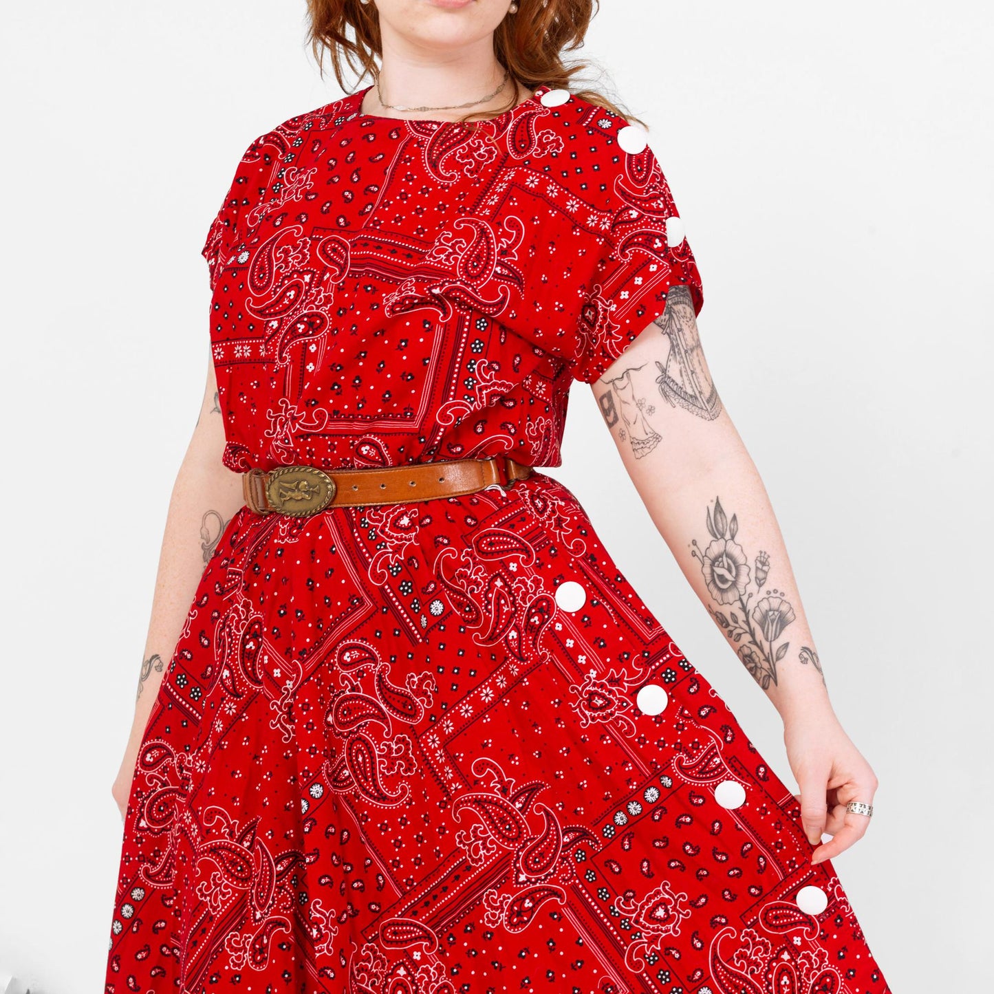 Vintage 80s Red Bandana Print Square Dance Dress - Large | Western Short Sleeve Fit Flare Midi Shirtdress