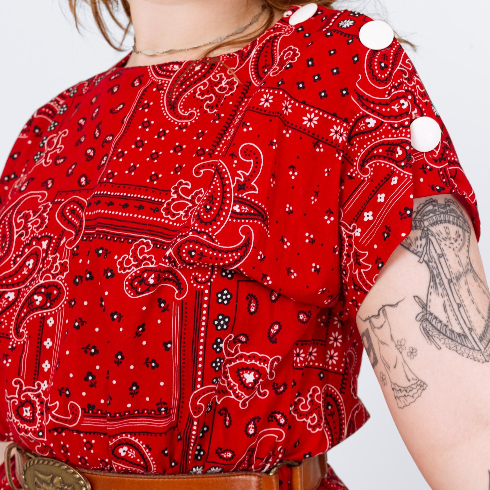 Vintage 80s Red Bandana Print Square Dance Dress - Large | Western Short Sleeve Fit Flare Midi Shirtdress