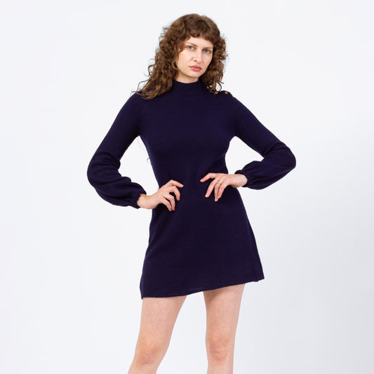 Vintage 70s Navy Blue Balloon Sleeve Mini Sweater Dress - Medium