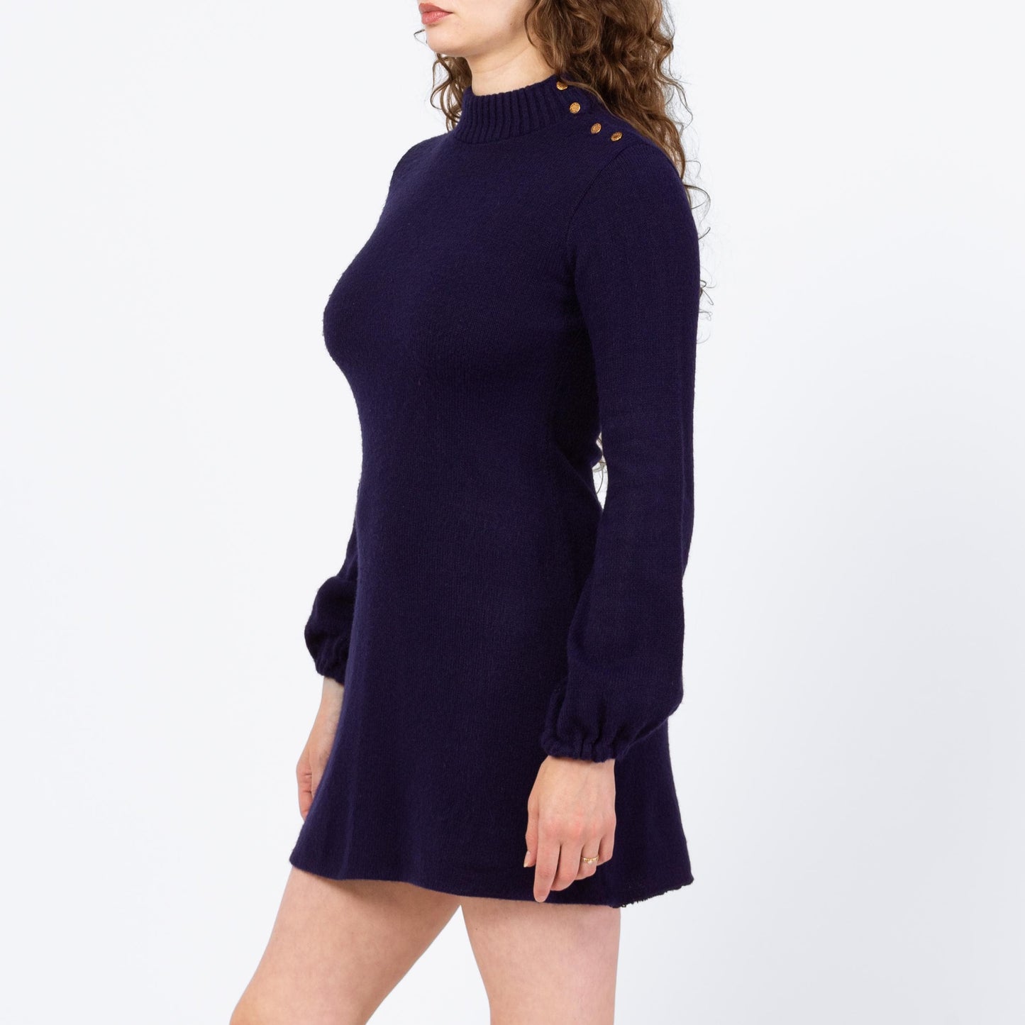 Vintage 70s Navy Blue Balloon Sleeve Mini Sweater Dress - Medium