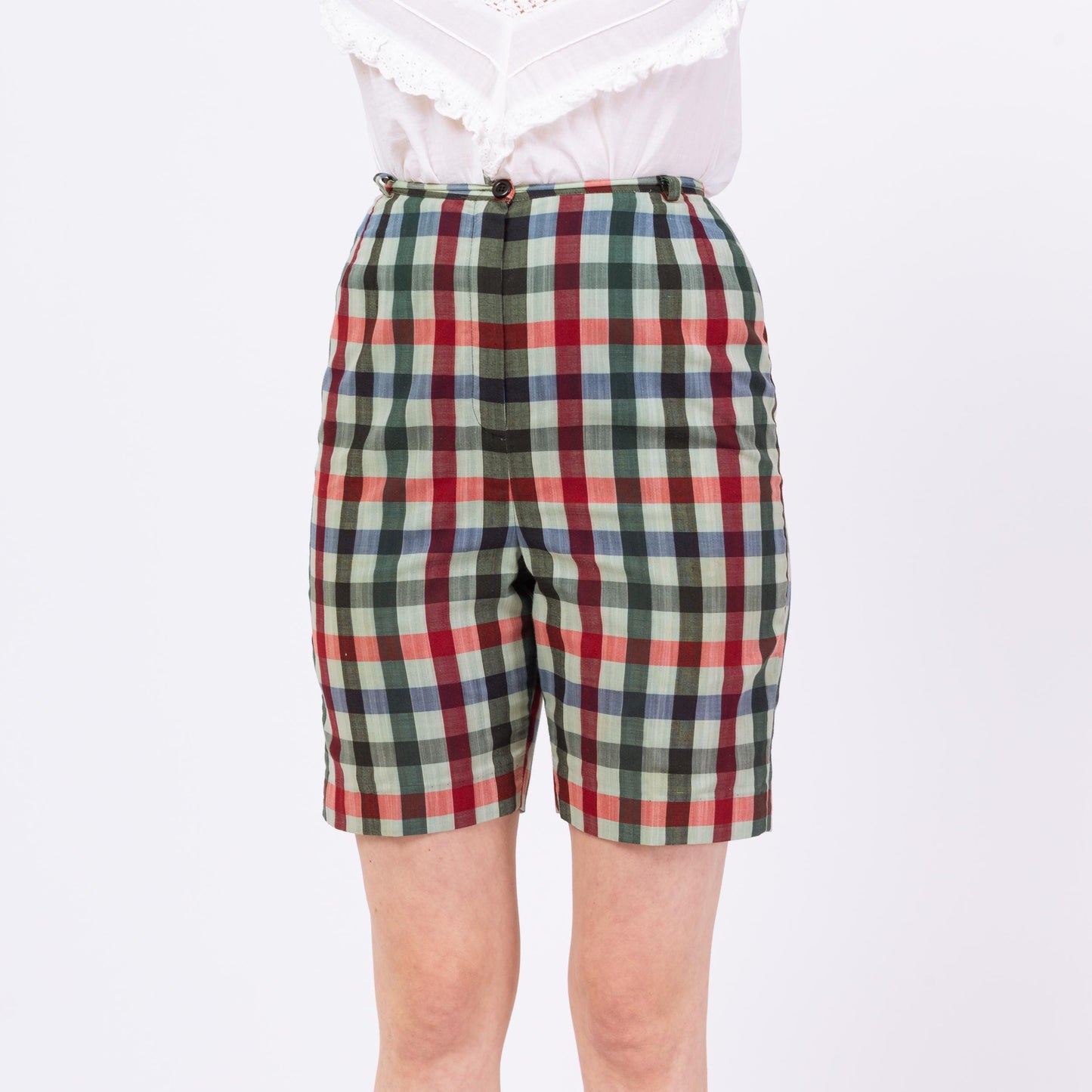 Vintage 60s 70s Jewel Tone Plaid Fitted Shorts - Small, 26" Waist