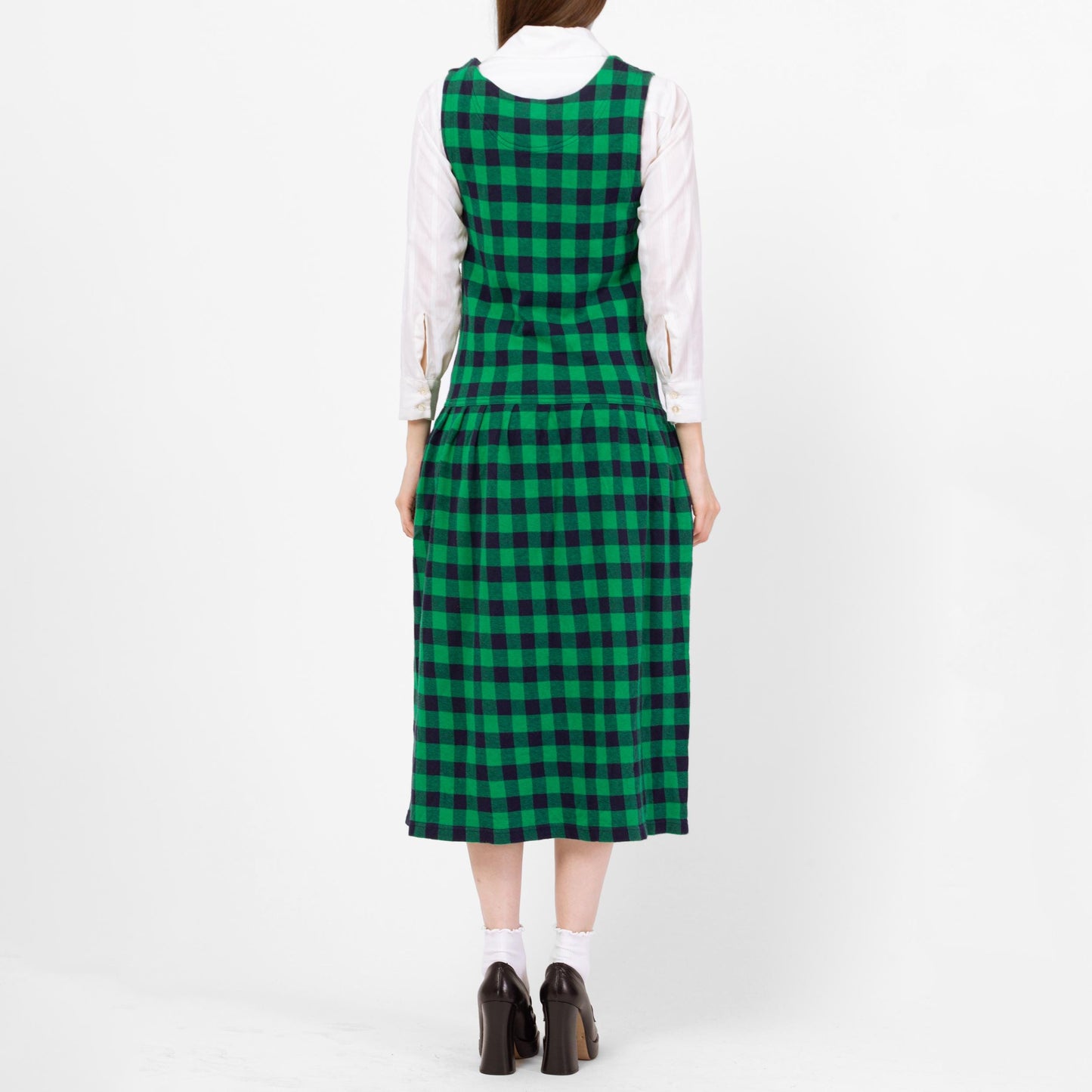 Vintage 90s Izod Green Gingham Pinafore Midi Dress - Small