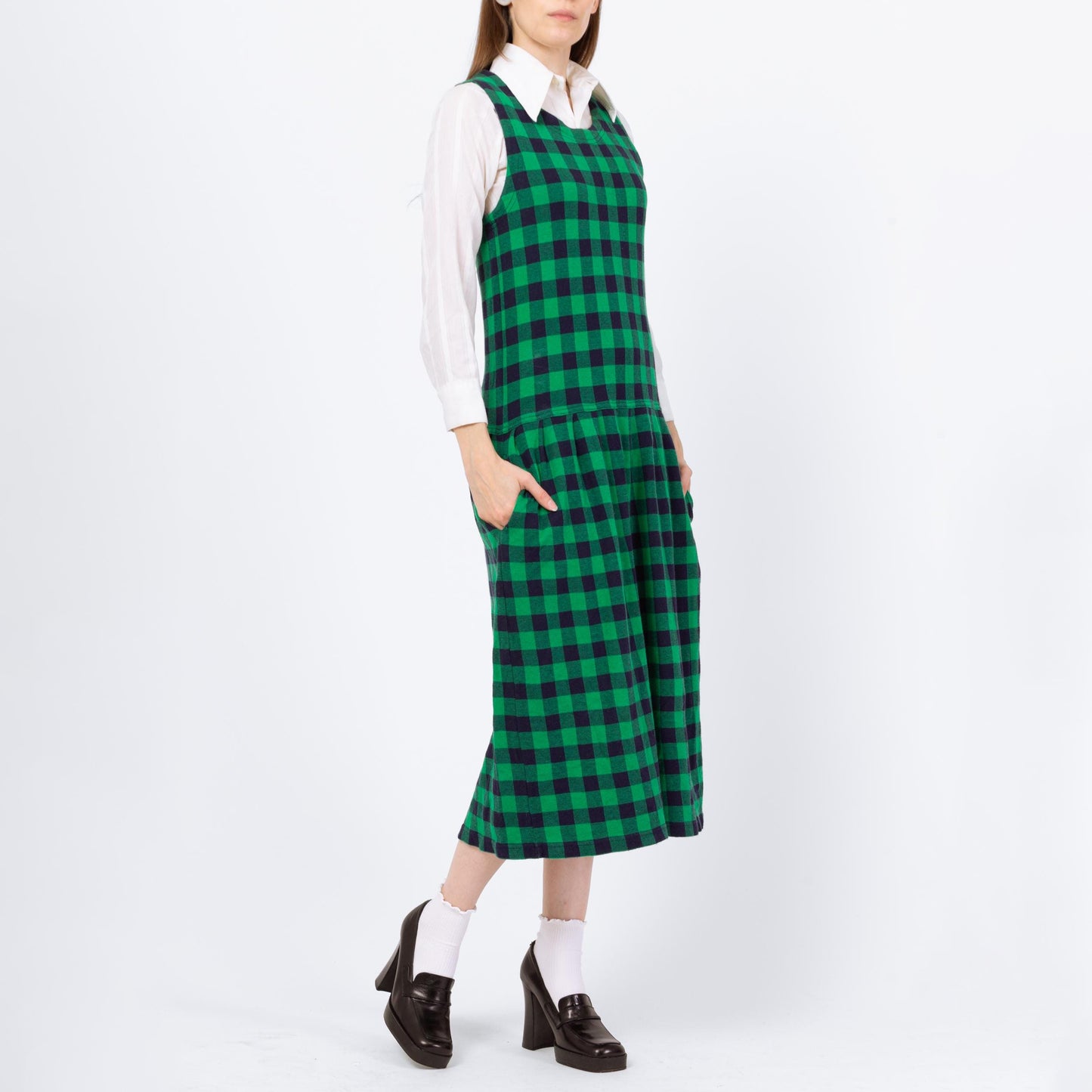 Vintage 90s Izod Green Gingham Pinafore Midi Dress - Small