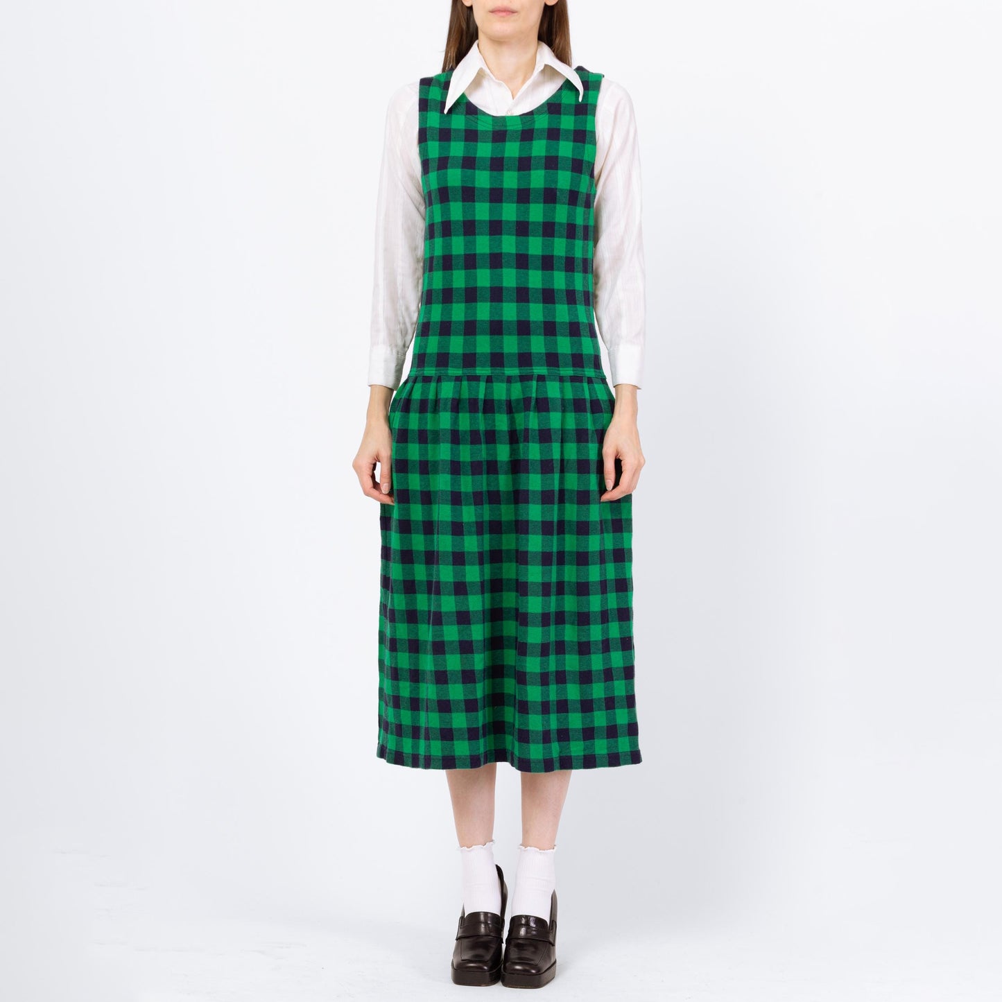 Vintage 90s Izod Green Gingham Pinafore Midi Dress - Small