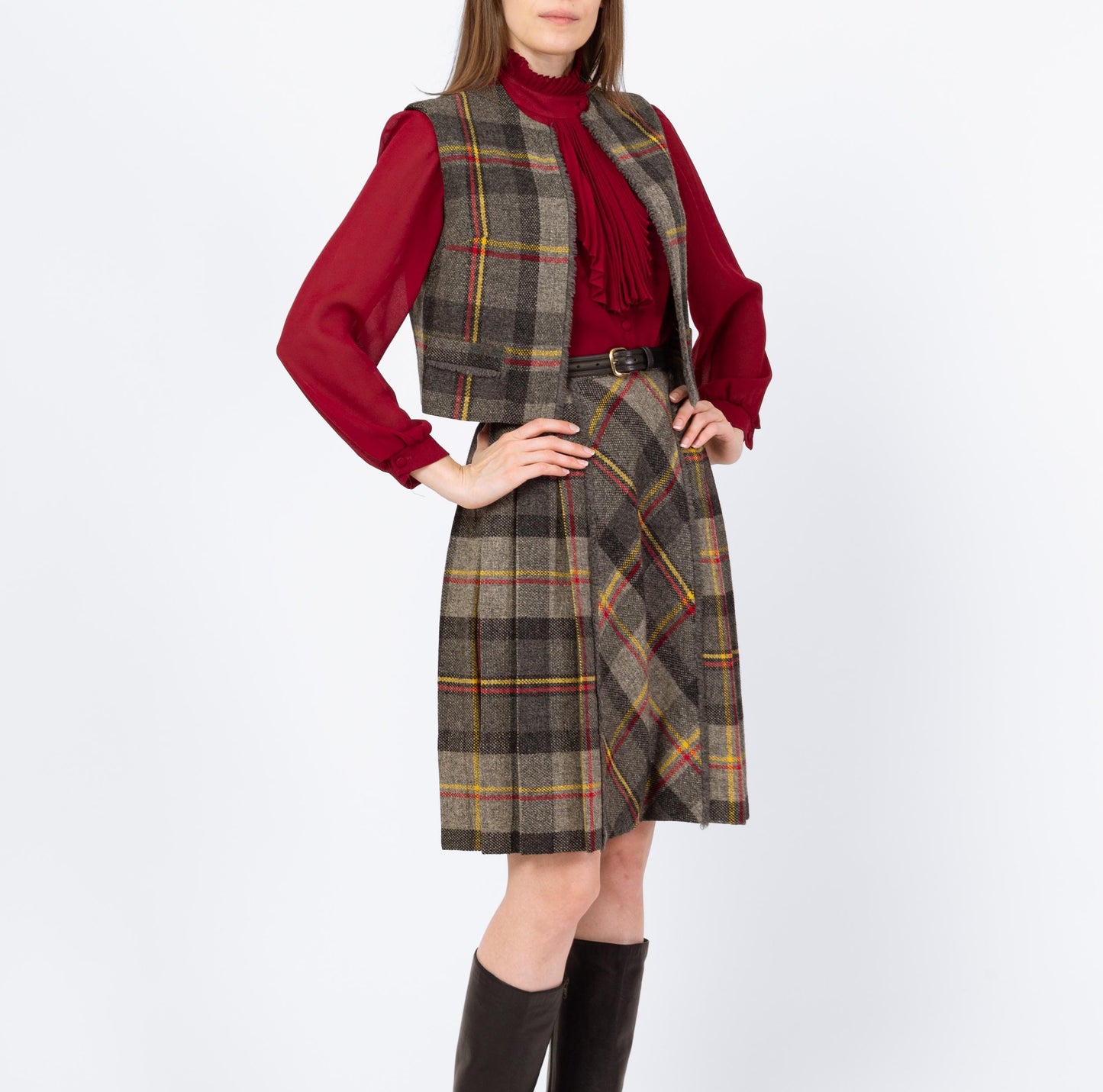 Vintage 60s Preppy Plaid Mini Skirt & Vest Set - Extra Small