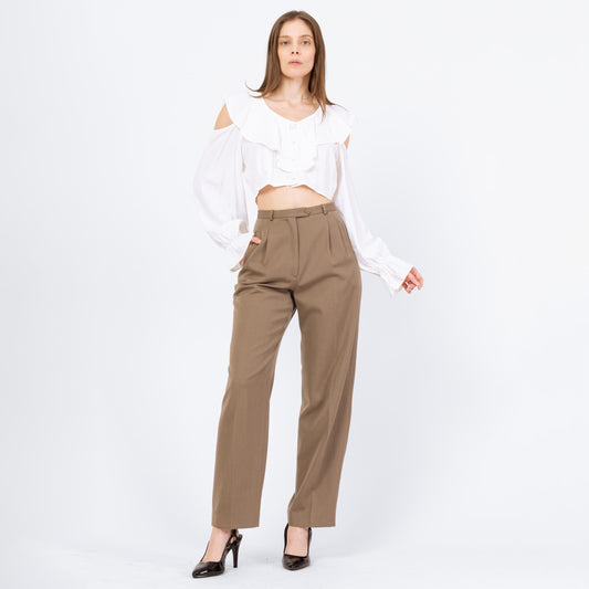 Vintage 80s Taupe Wool Straight Leg Trousers - Small, 26" Waist