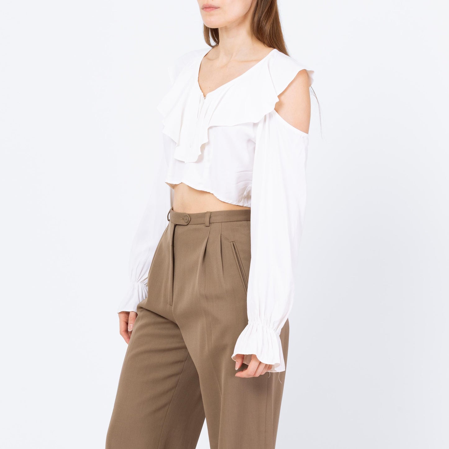 Vintage 80s White Cold Shoulder Crop Top - Small