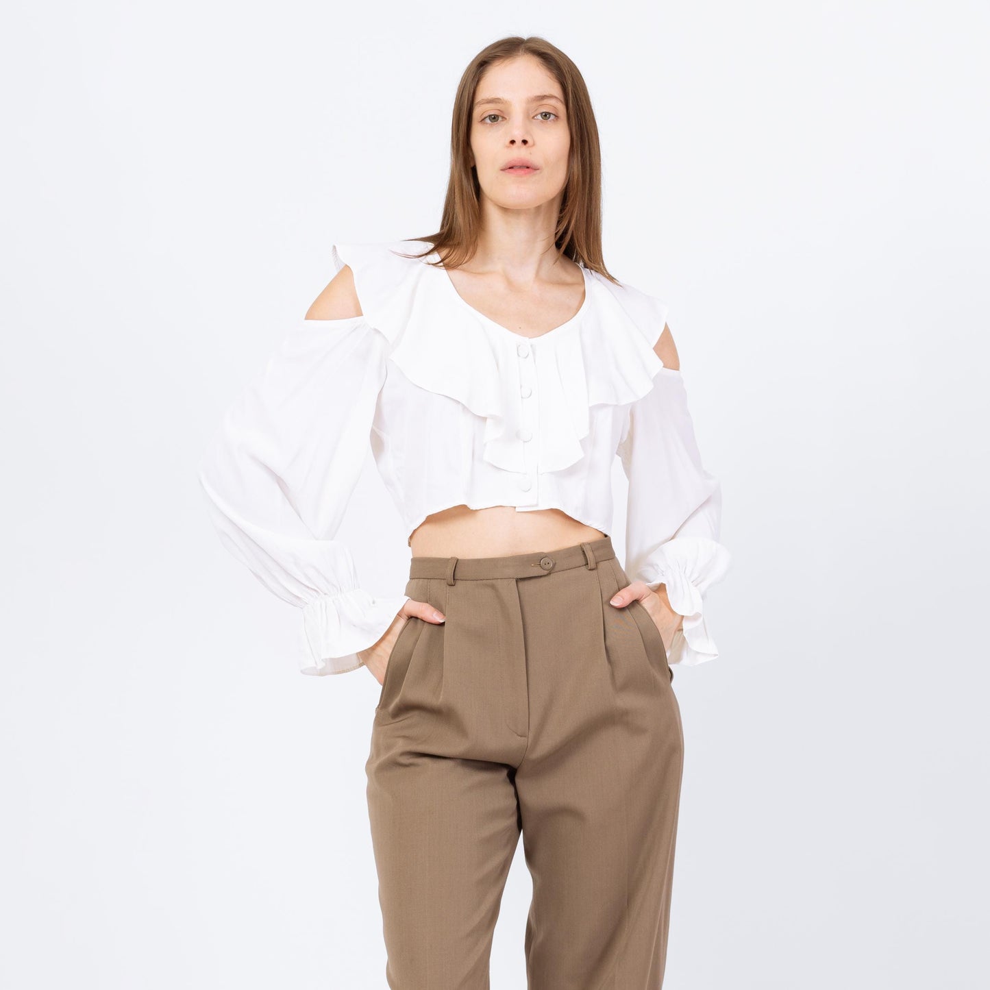 Vintage 80s White Cold Shoulder Crop Top - Small