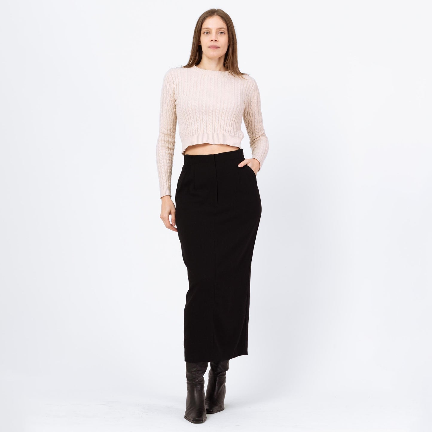 Vintage 90s Black Wool Maxi Pencil Skirt - Small, 26" Waist