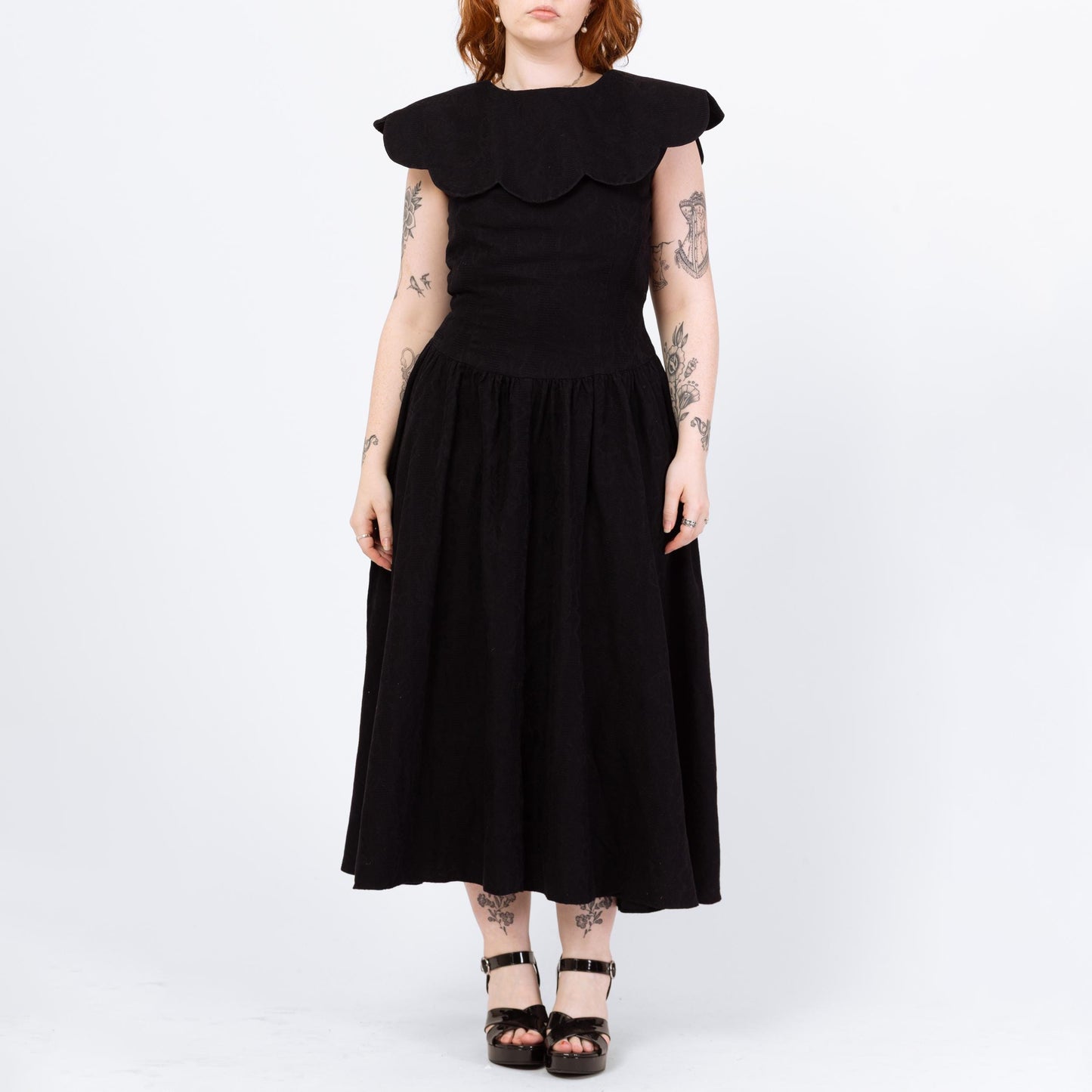 Vintage 80s Black Petal Collar Low Back Dress - Large