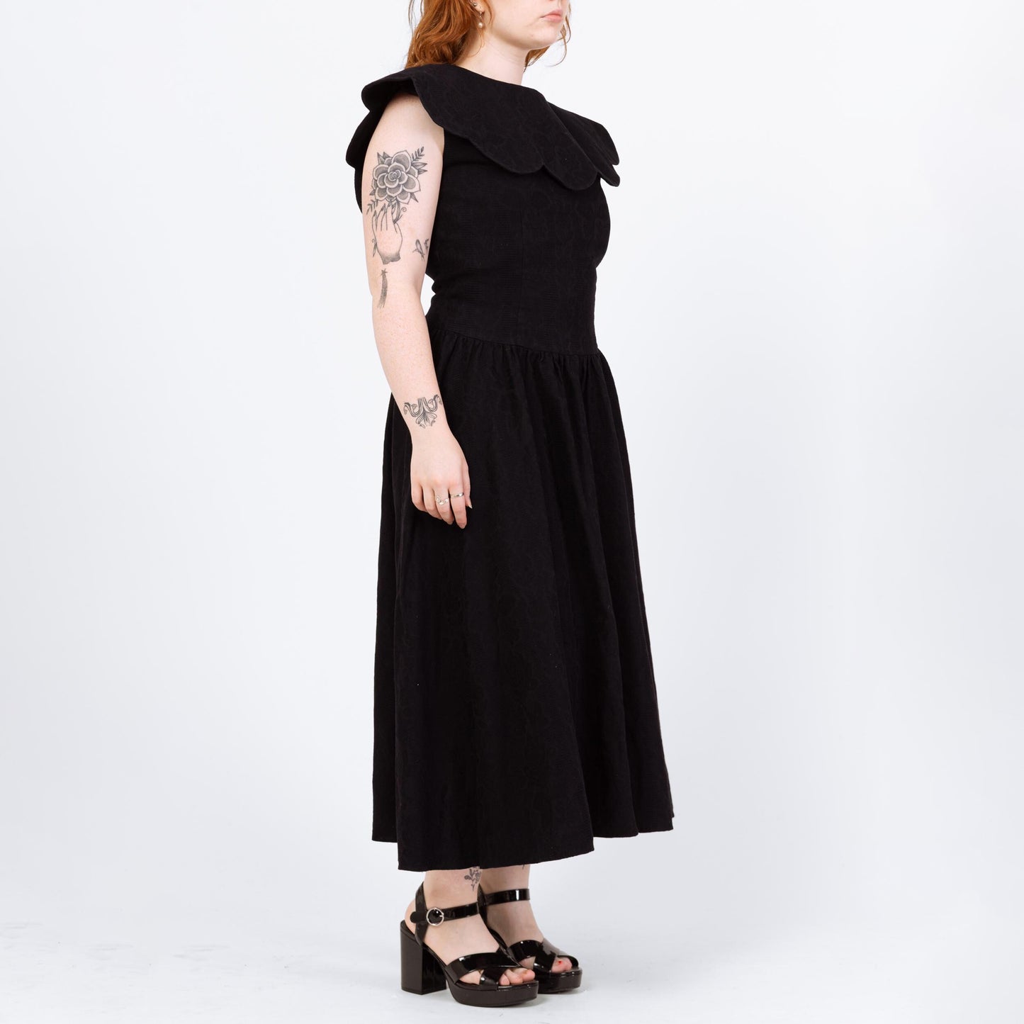 Vintage 80s Black Petal Collar Low Back Dress - Large