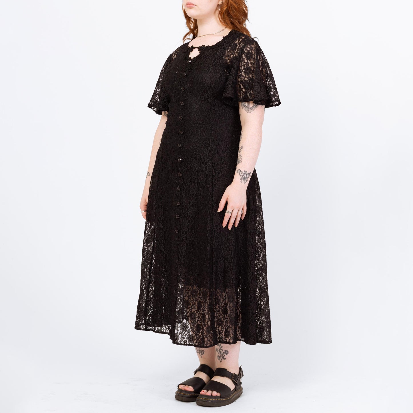 Vintage 90s Gothic Sheer Black Lace Maxi Dress - Extra Large