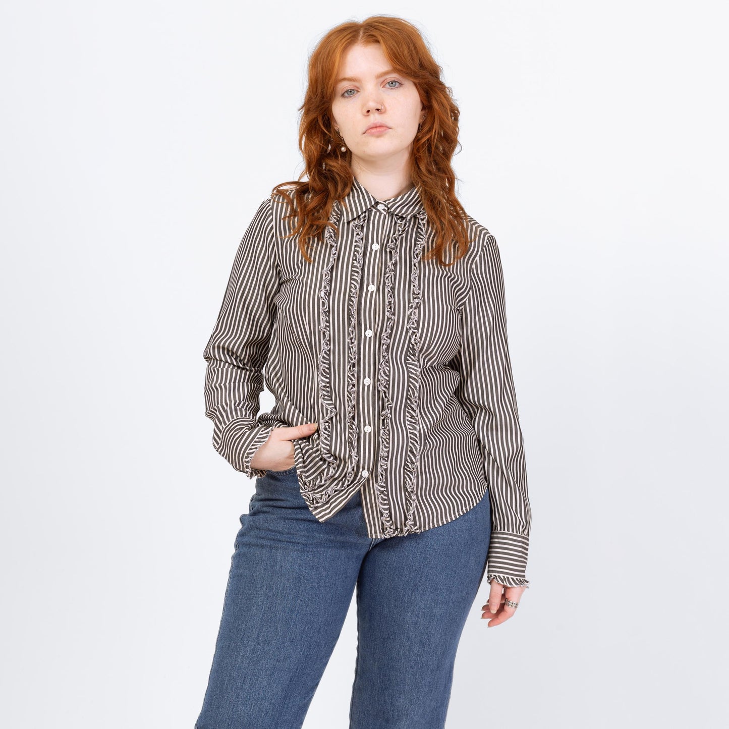 Vintage 90s Black & White Striped Silk Tuxedo Ruffle Blouse - Large