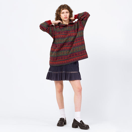 Vintage 80s Striped Geometric Fleece Quarter Zip Sweatshirt - Medium | Oversize Mockneck Pullover Sweater