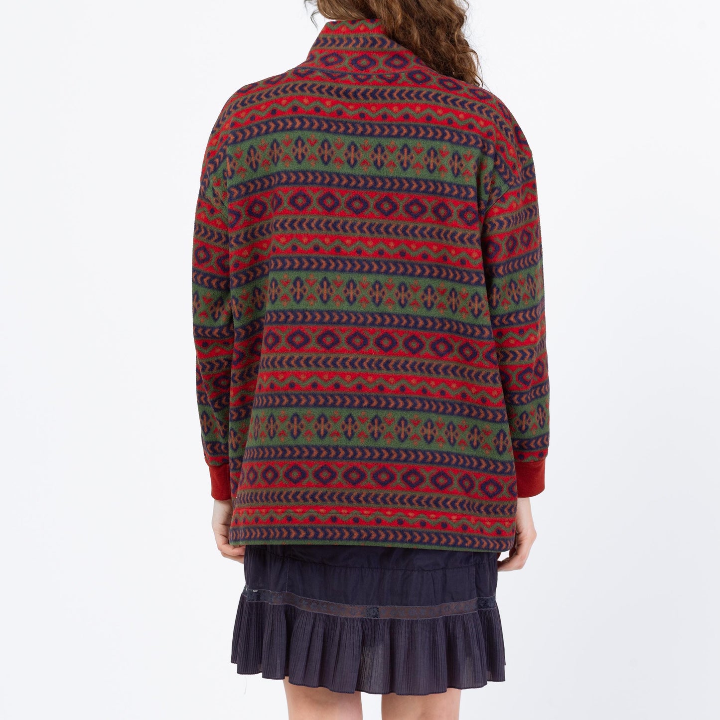 Vintage 80s Striped Geometric Fleece Quarter Zip Sweatshirt - Medium | Oversize Mockneck Pullover Sweater