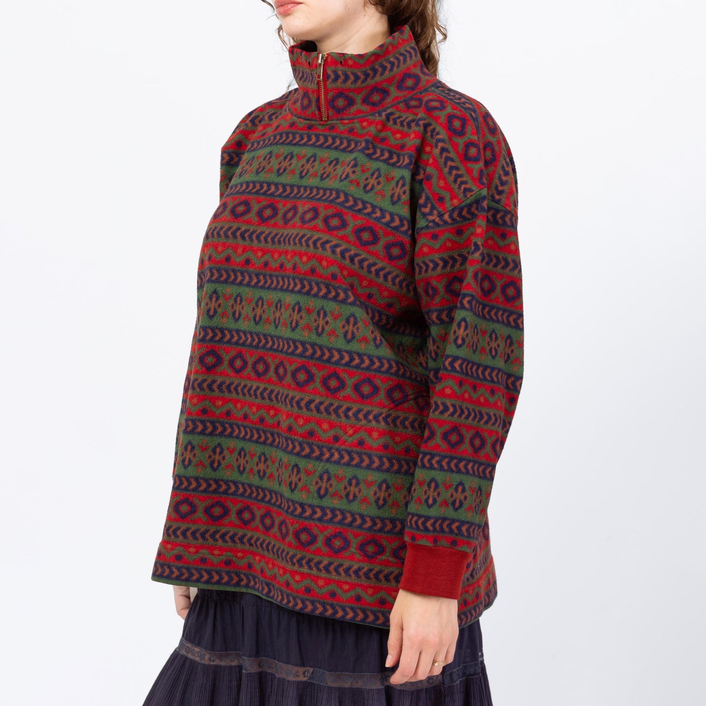 Vintage 80s Striped Geometric Fleece Quarter Zip Sweatshirt - Medium | Oversize Mockneck Pullover Sweater