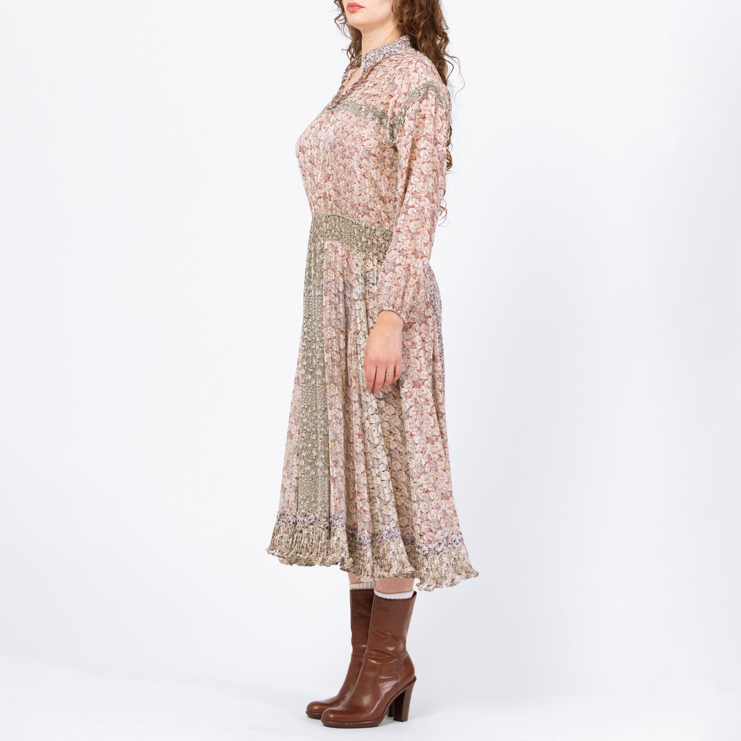 Vintage 80s Diane Freis Boho Floral Designer Dress - Large | Georgette Crepe Long Sleeve Patchwork Shirred Waist Midi Dress
