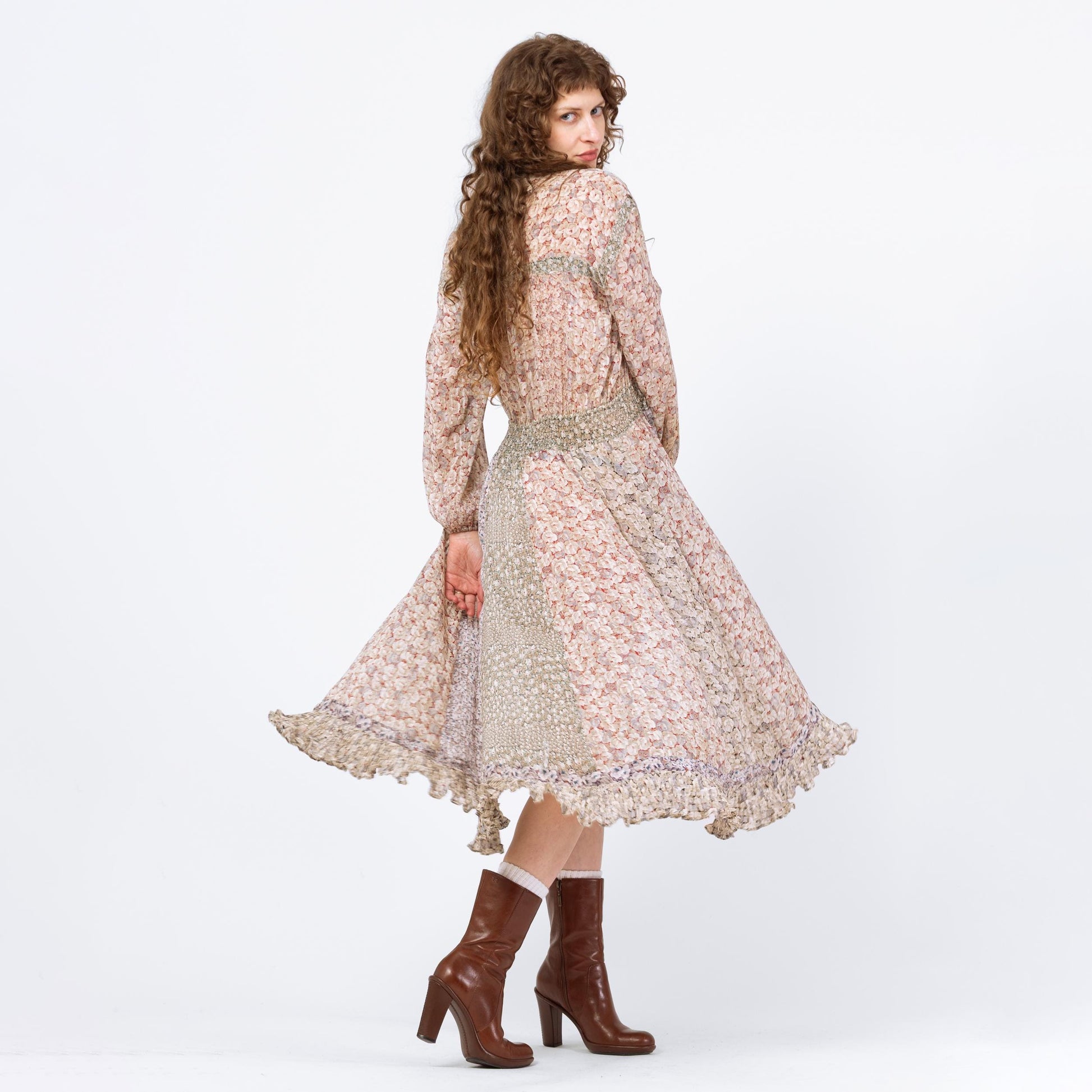 Vintage 80s Diane Freis Boho Floral Designer Dress - Large | Georgette Crepe Long Sleeve Patchwork Shirred Waist Midi Dress