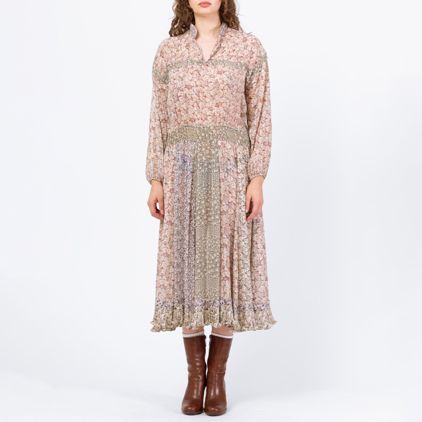 Vintage 80s Diane Freis Boho Floral Designer Dress - Large | Georgette Crepe Long Sleeve Patchwork Shirred Waist Midi Dress