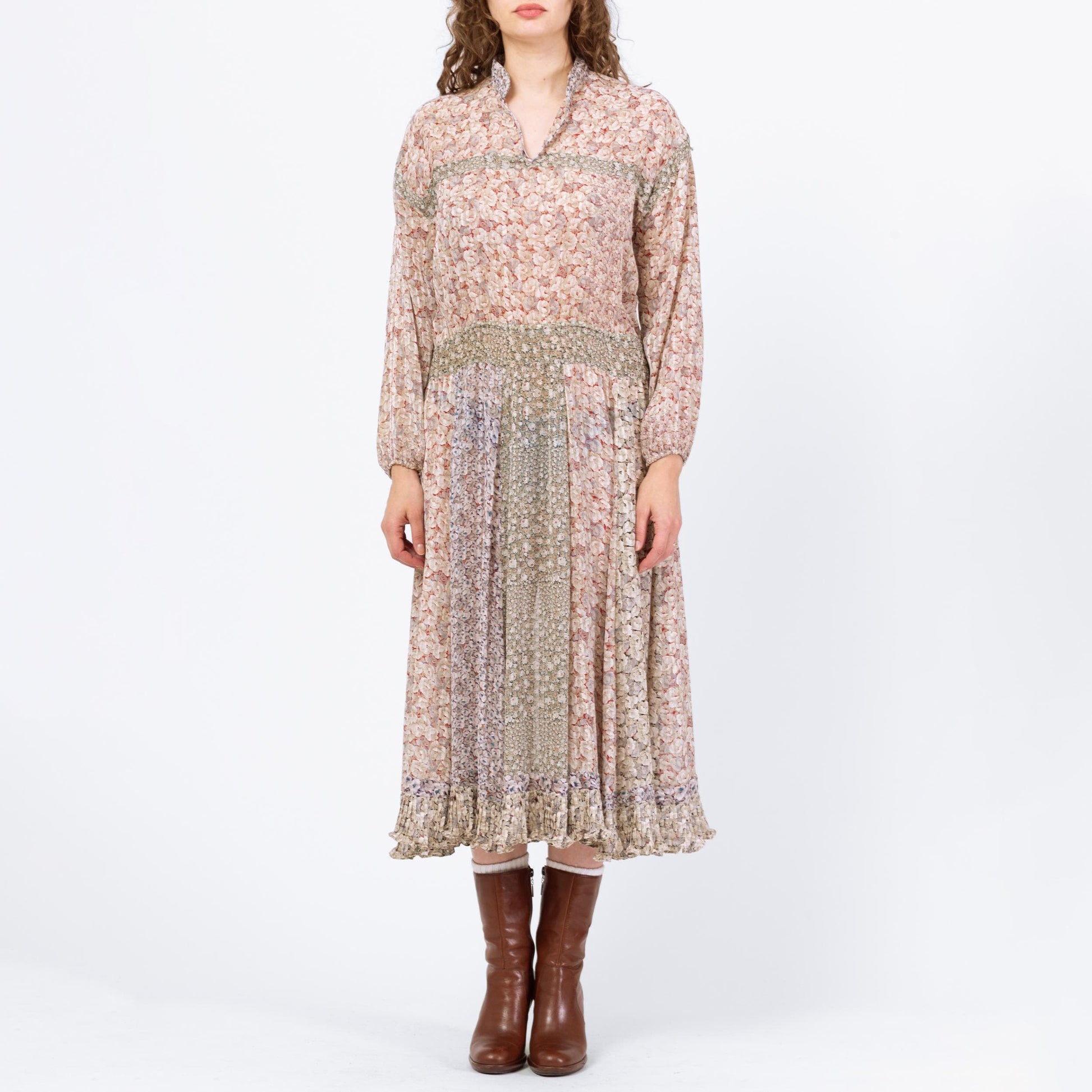 Vintage 80s Diane Freis Boho Floral Designer Dress - Large | Georgette Crepe Long Sleeve Patchwork Shirred Waist Midi Dress