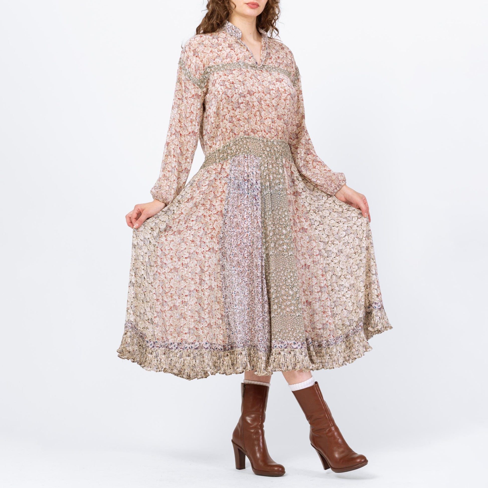 Vintage 80s Diane Freis Boho Floral Designer Dress - Large | Georgette Crepe Long Sleeve Patchwork Shirred Waist Midi Dress