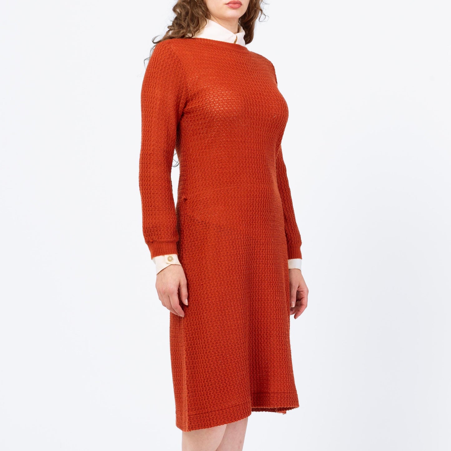 Vintage 70s 80s Burnt Orange Eyelet Knit Midi Sweater Dress - Medium | Retro Boat Neck Open Weave Long Sleeve Dress