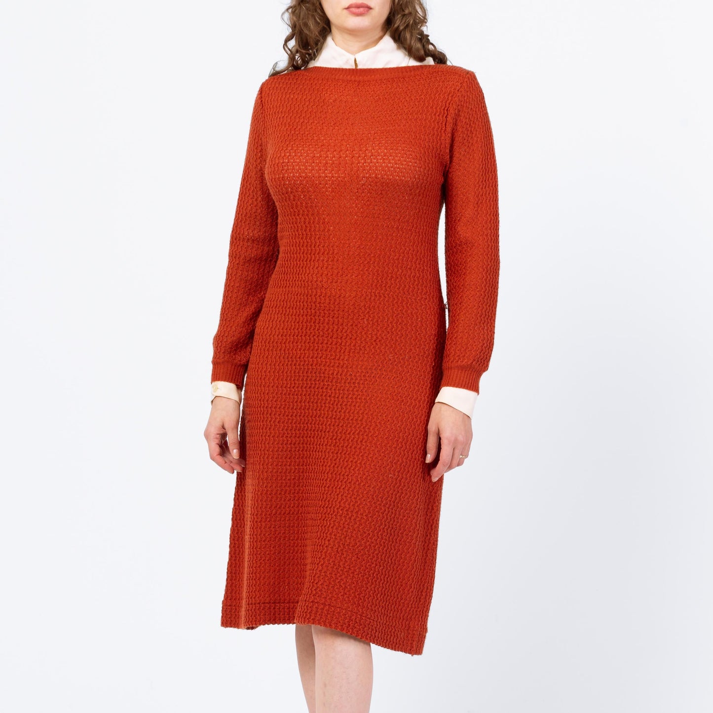 Vintage 70s 80s Burnt Orange Eyelet Knit Midi Sweater Dress - Medium | Retro Boat Neck Open Weave Long Sleeve Dress