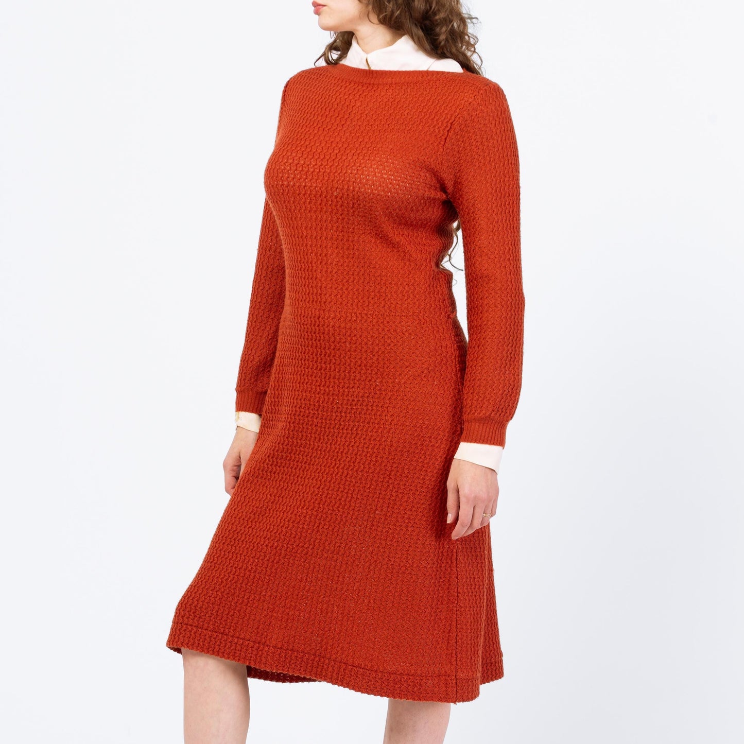 Vintage 70s 80s Burnt Orange Eyelet Knit Midi Sweater Dress - Medium | Retro Boat Neck Open Weave Long Sleeve Dress