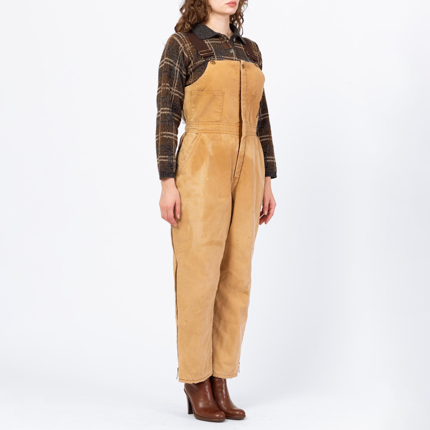 Vintage 90s Flannel Lined Insulated Overalls - Medium | Faded Tan Canvas Fitted Waist Thermal Workwear Jumpsuit