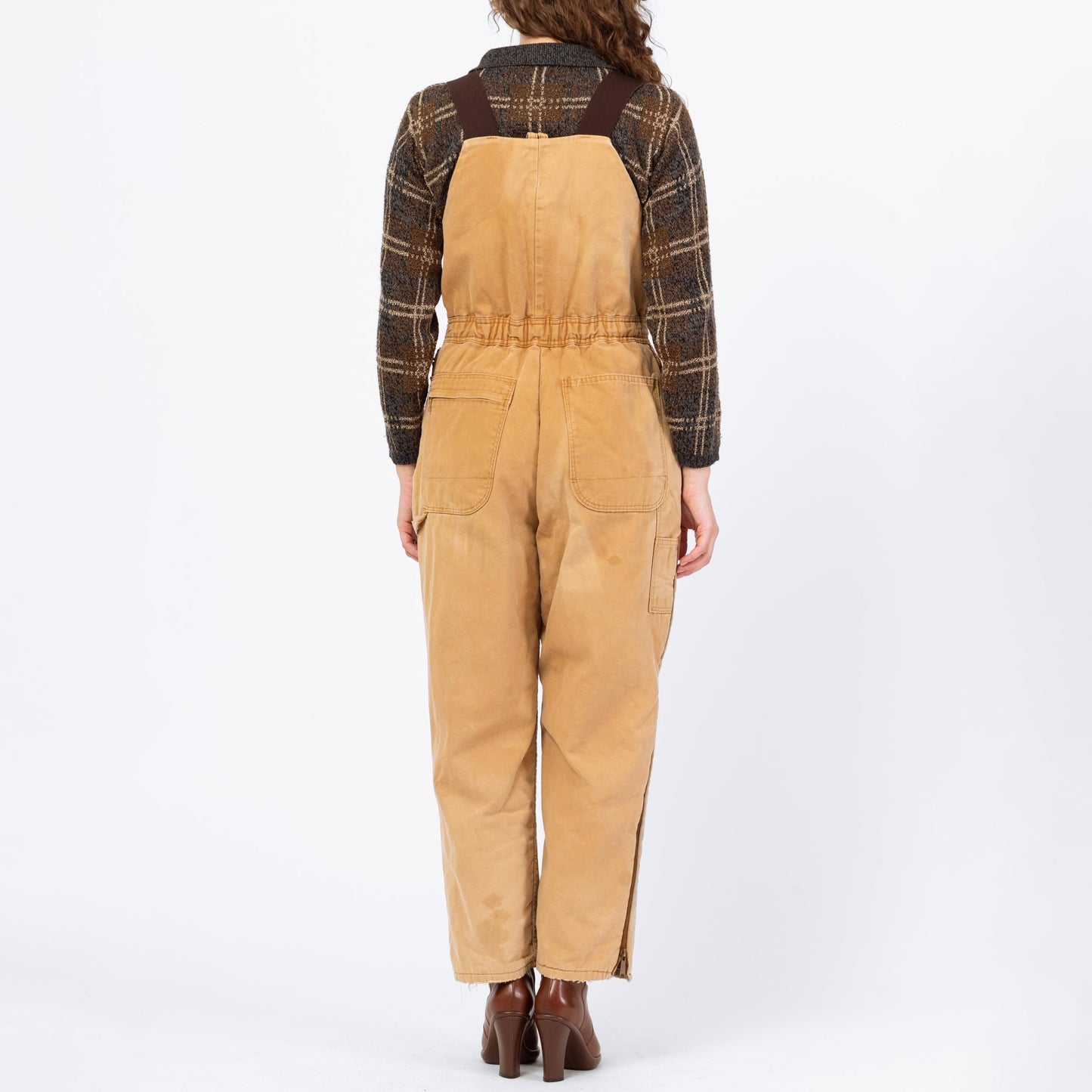 Vintage 90s Flannel Lined Insulated Overalls - Medium | Faded Tan Canvas Fitted Waist Thermal Workwear Jumpsuit