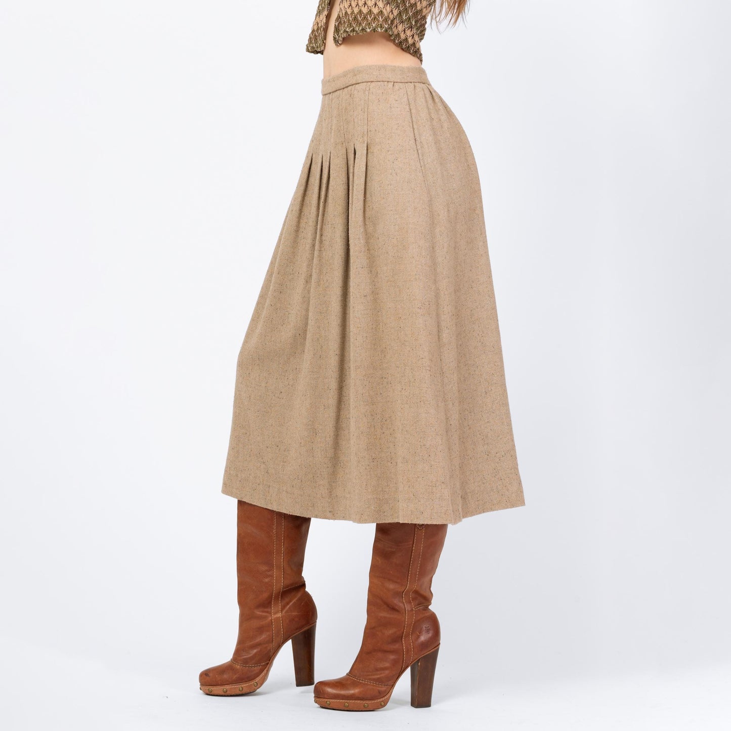Vintage 70s Oatmeal Pleated Midi Skirt - Small, 26" Waist | High Waisted Light Academia Long Skirt