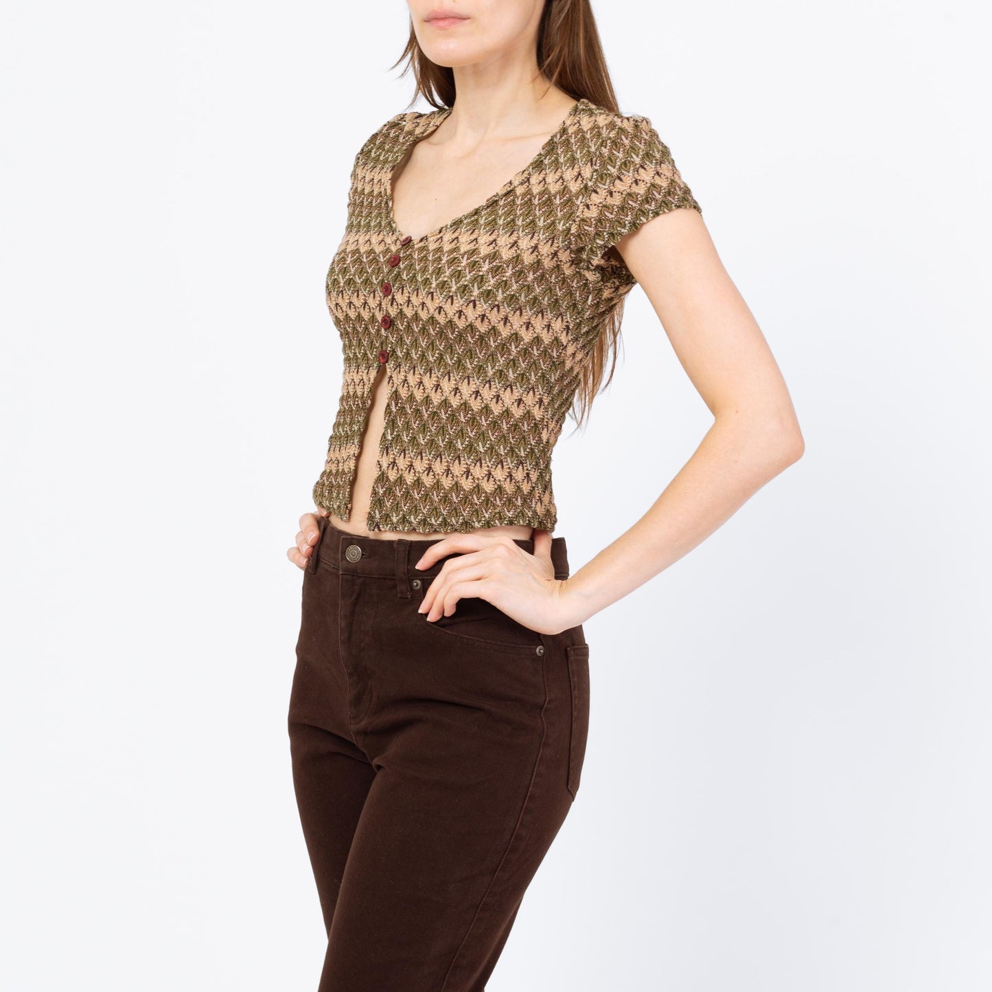Vintage Y2K Flame Stitch Knit Split Front Crop Top - Small | Boho 2000s Olive Green Short Sleeve Cropped Blouse
