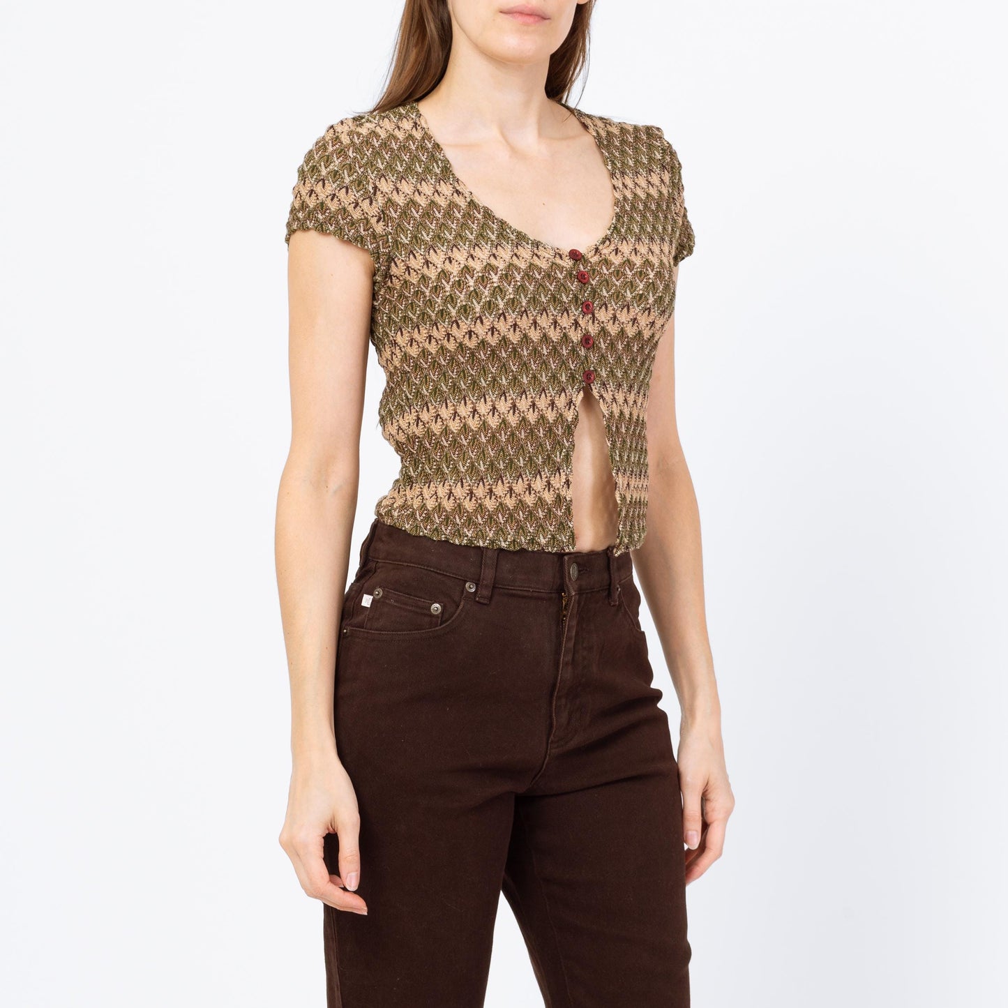 Vintage Y2K Flame Stitch Knit Split Front Crop Top - Small | Boho 2000s Olive Green Short Sleeve Cropped Blouse