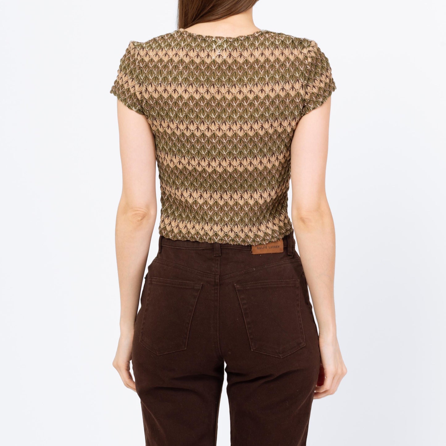 Vintage Y2K Flame Stitch Knit Split Front Crop Top - Small | Boho 2000s Olive Green Short Sleeve Cropped Blouse