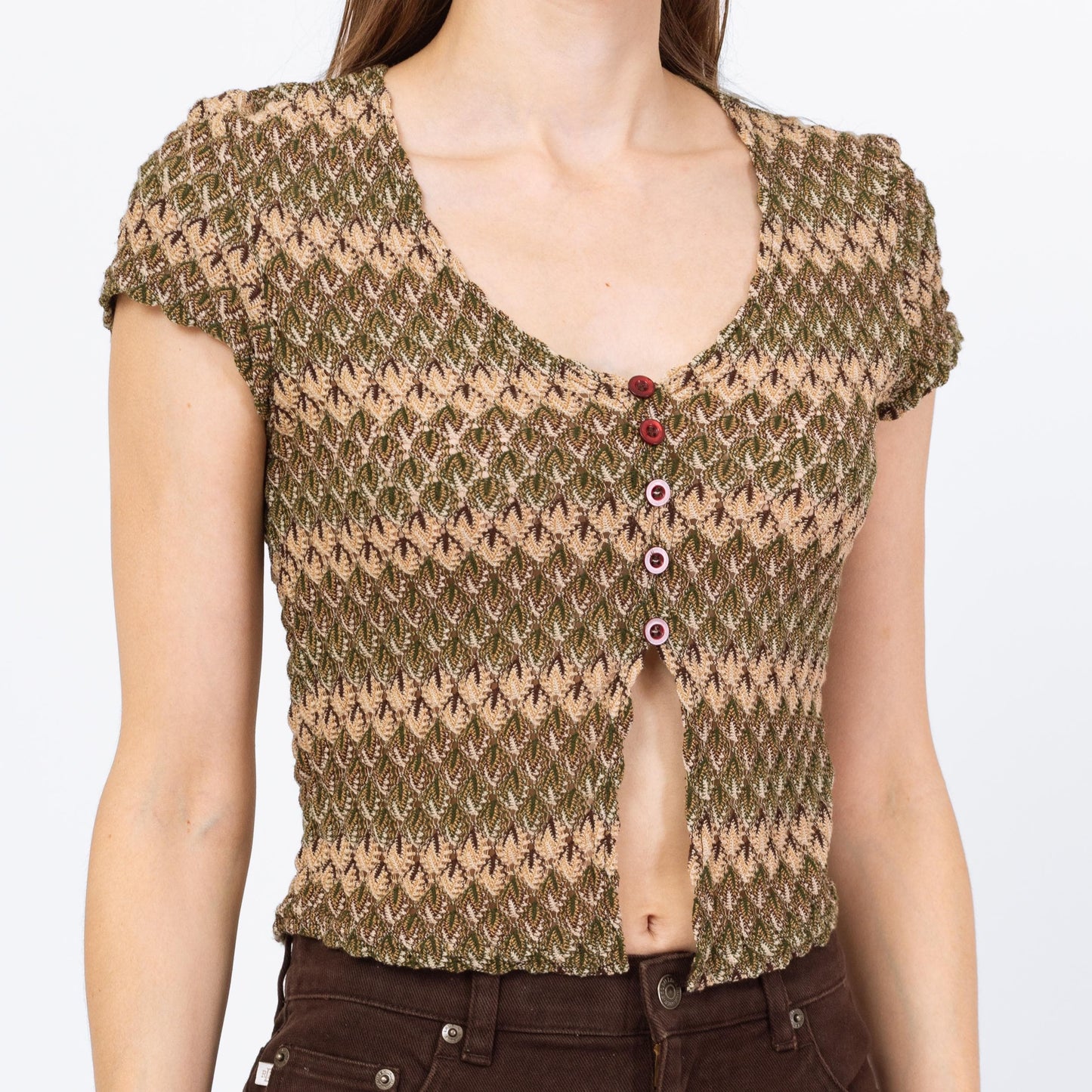 Vintage Y2K Flame Stitch Knit Split Front Crop Top - Small | Boho 2000s Olive Green Short Sleeve Cropped Blouse