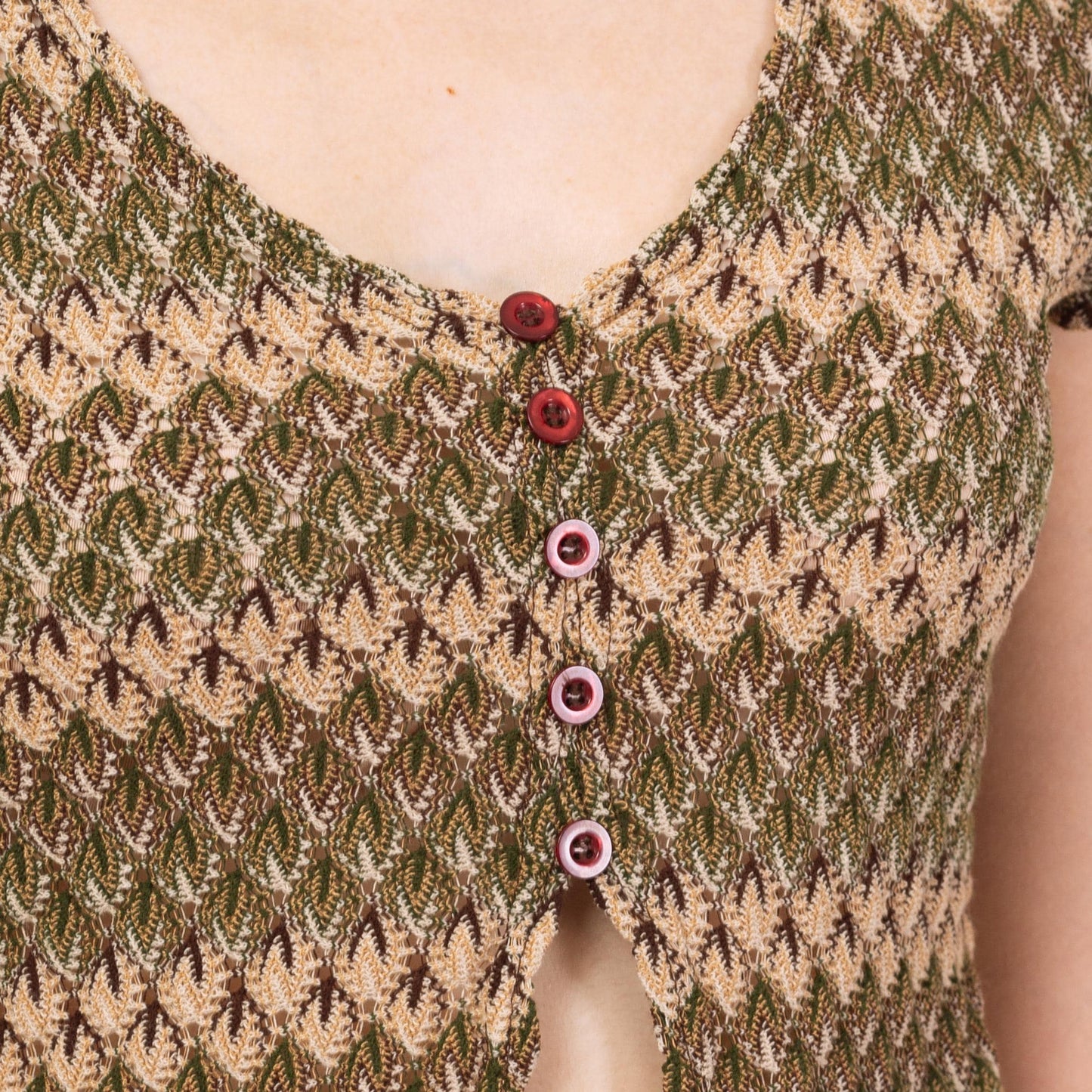 Vintage Y2K Flame Stitch Knit Split Front Crop Top - Small | Boho 2000s Olive Green Short Sleeve Cropped Blouse