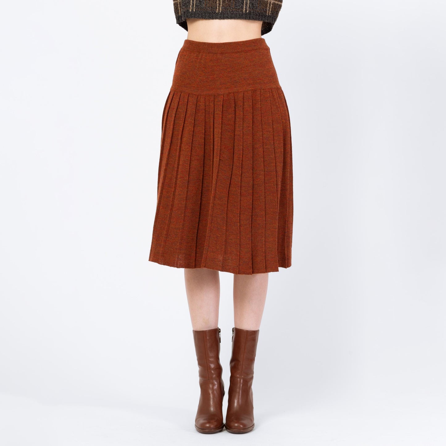Vintage 90s Burnt Orange Knit Pleated Midi Skirt - Small | High Waisted Marled Knit A Line Minimalist Skirt