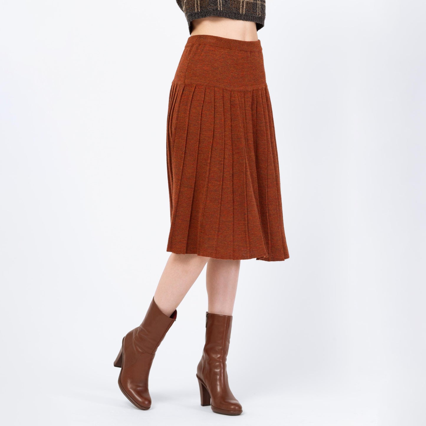 Vintage 90s Burnt Orange Knit Pleated Midi Skirt - Small | High Waisted Marled Knit A Line Minimalist Skirt