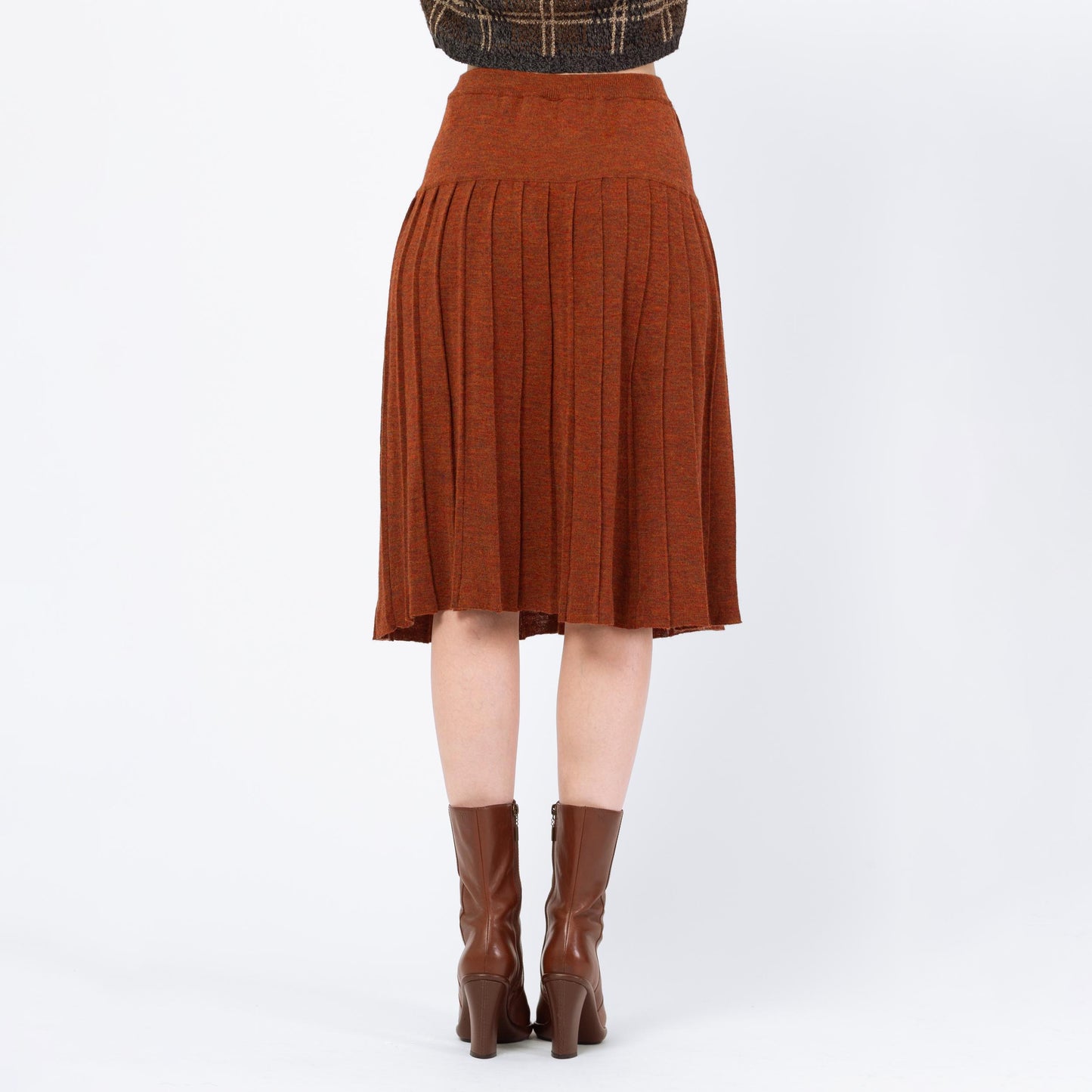 Vintage 90s Burnt Orange Knit Pleated Midi Skirt - Small | High Waisted Marled Knit A Line Minimalist Skirt