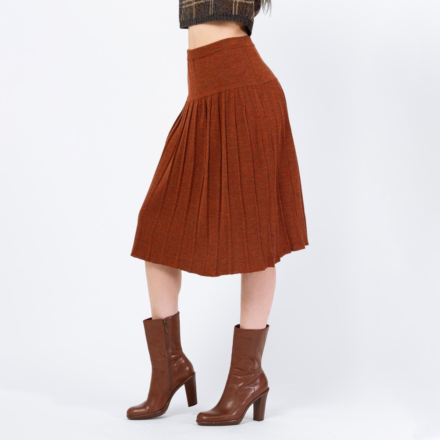 Vintage 90s Burnt Orange Knit Pleated Midi Skirt - Small | High Waisted Marled Knit A Line Minimalist Skirt